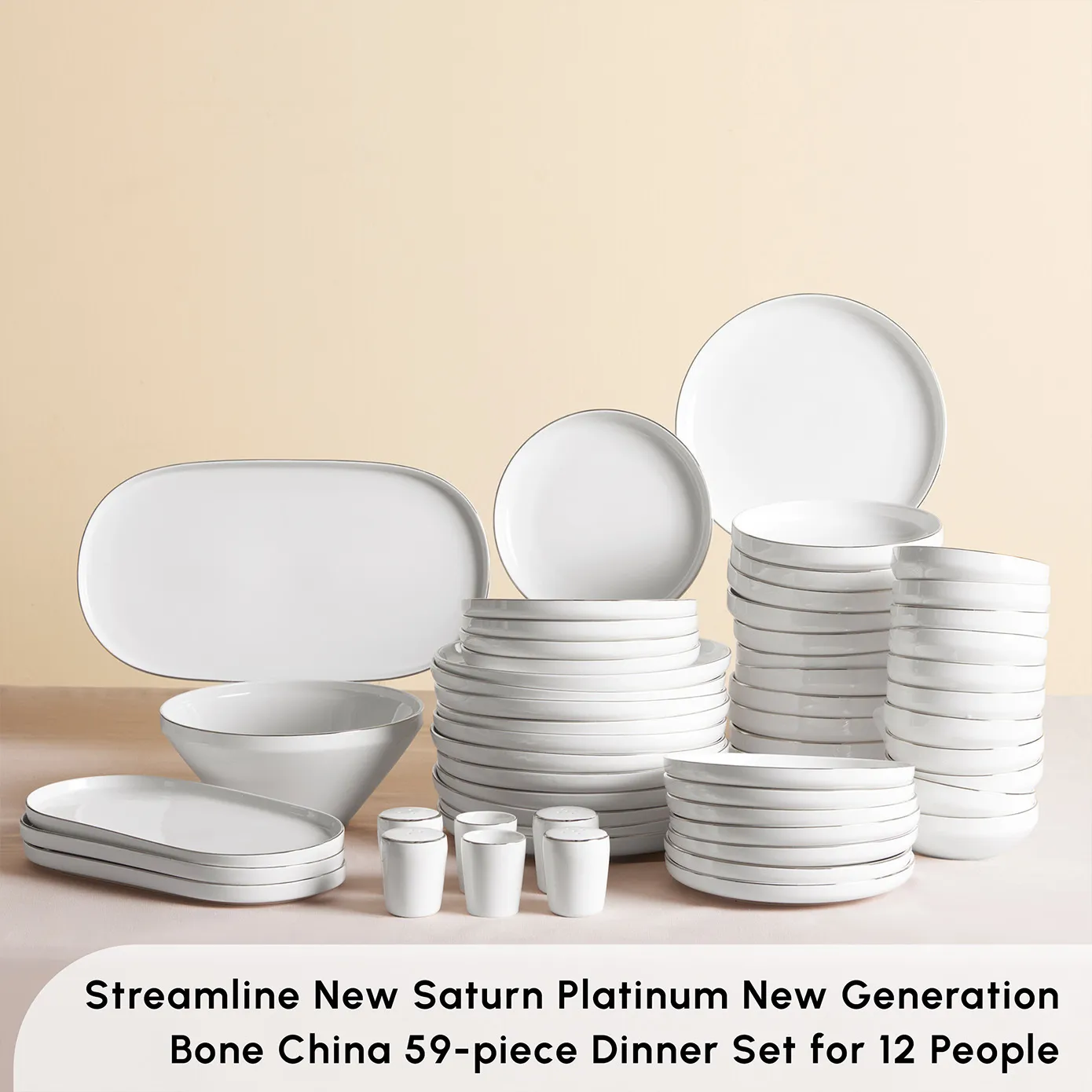 Karaca Red Carpet Collection Stream Bone China New Saturn 59-Piece Dinner Set for 12 People, White Platinum - Image 3