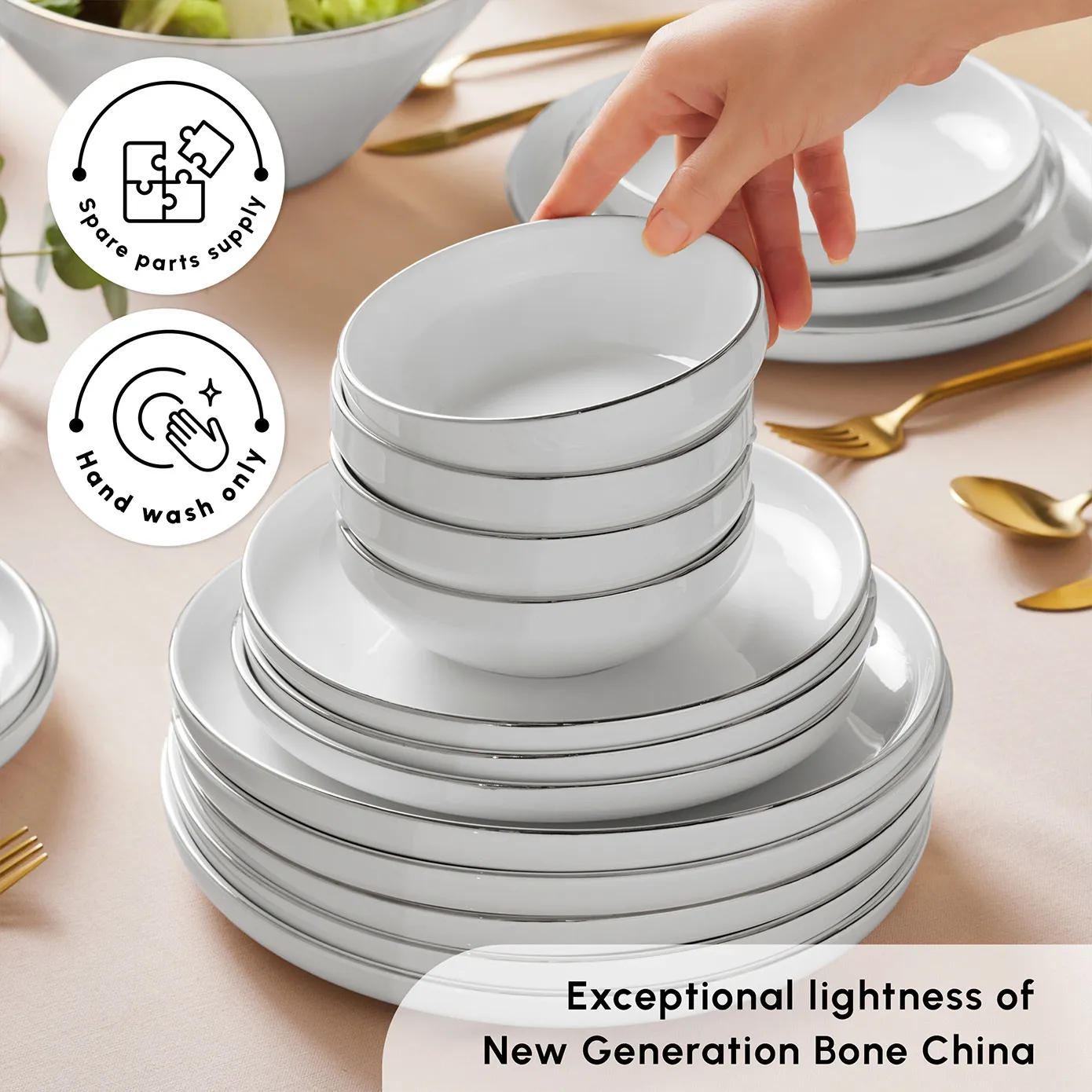 Karaca Red Carpet Collection Stream Bone China New Saturn 59-Piece Dinner Set for 12 People, White Platinum - Image 5