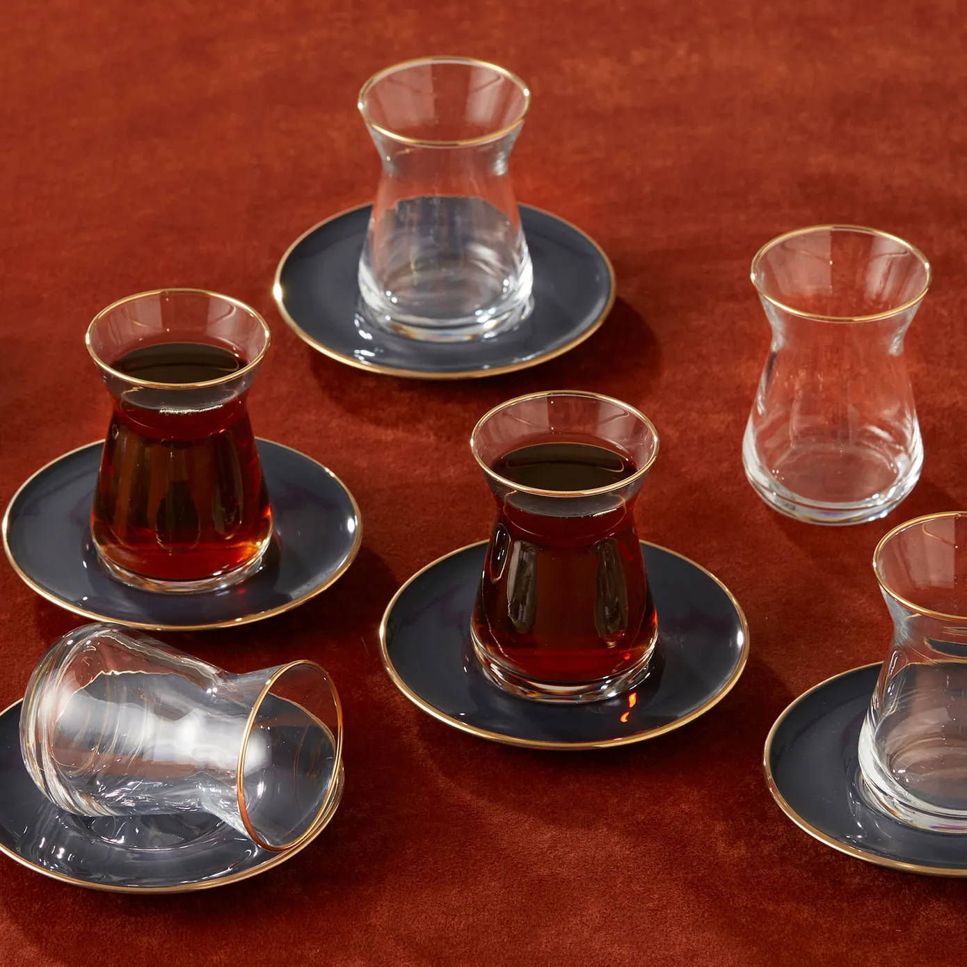 Karaca Retro 12-Piece Glass Turkish Tea Set for 6 People, 132ml, Anthracite Gold - Image 2
