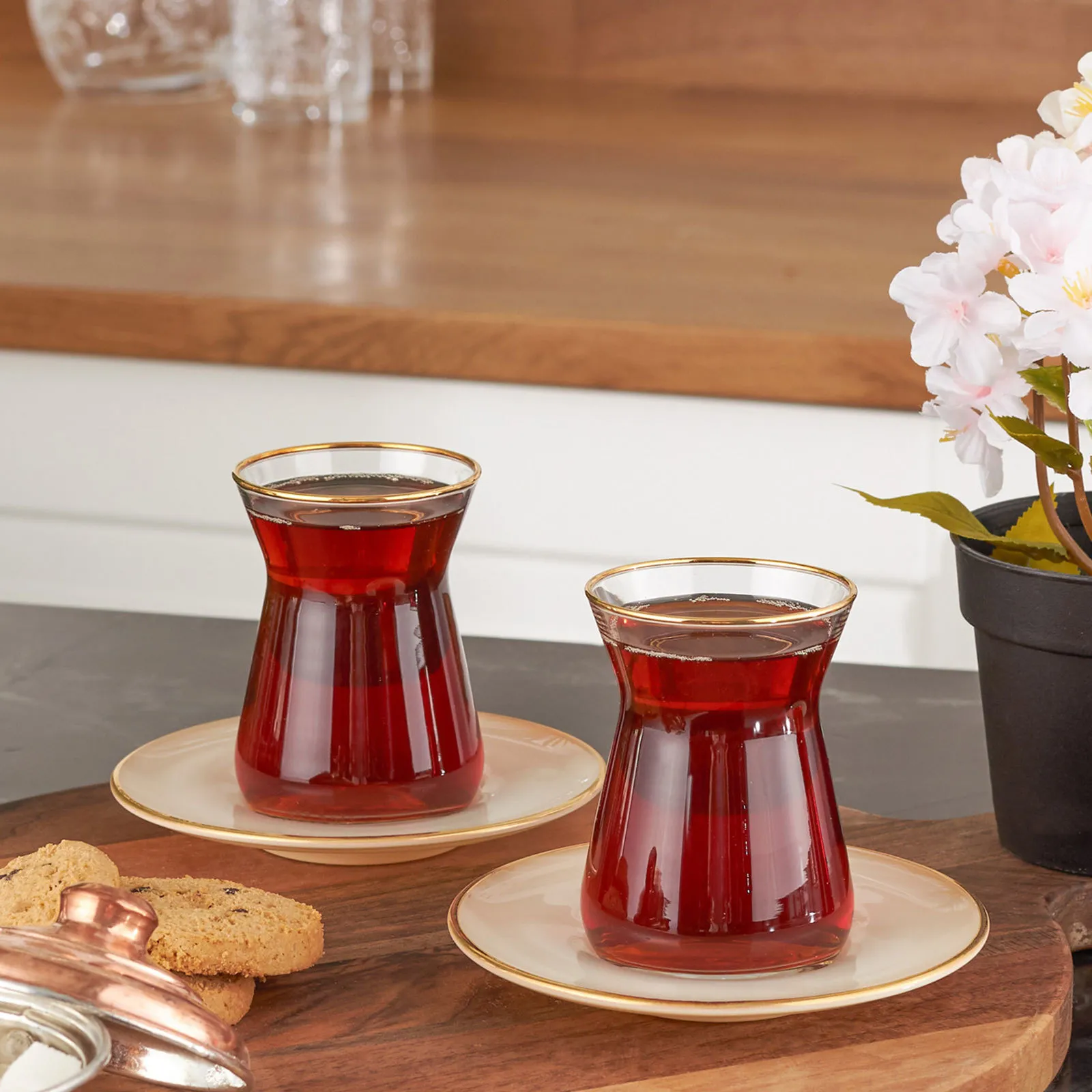 Karaca Retro 12 Piece Glass Turkish Tea Set for 6 People, 132ml, Beige Gold - Image 3