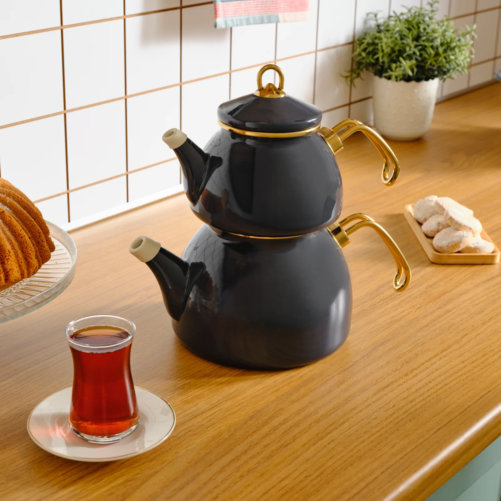 Karaca Retro Enamel Induction Teapot Set, Anthracite - Image 3