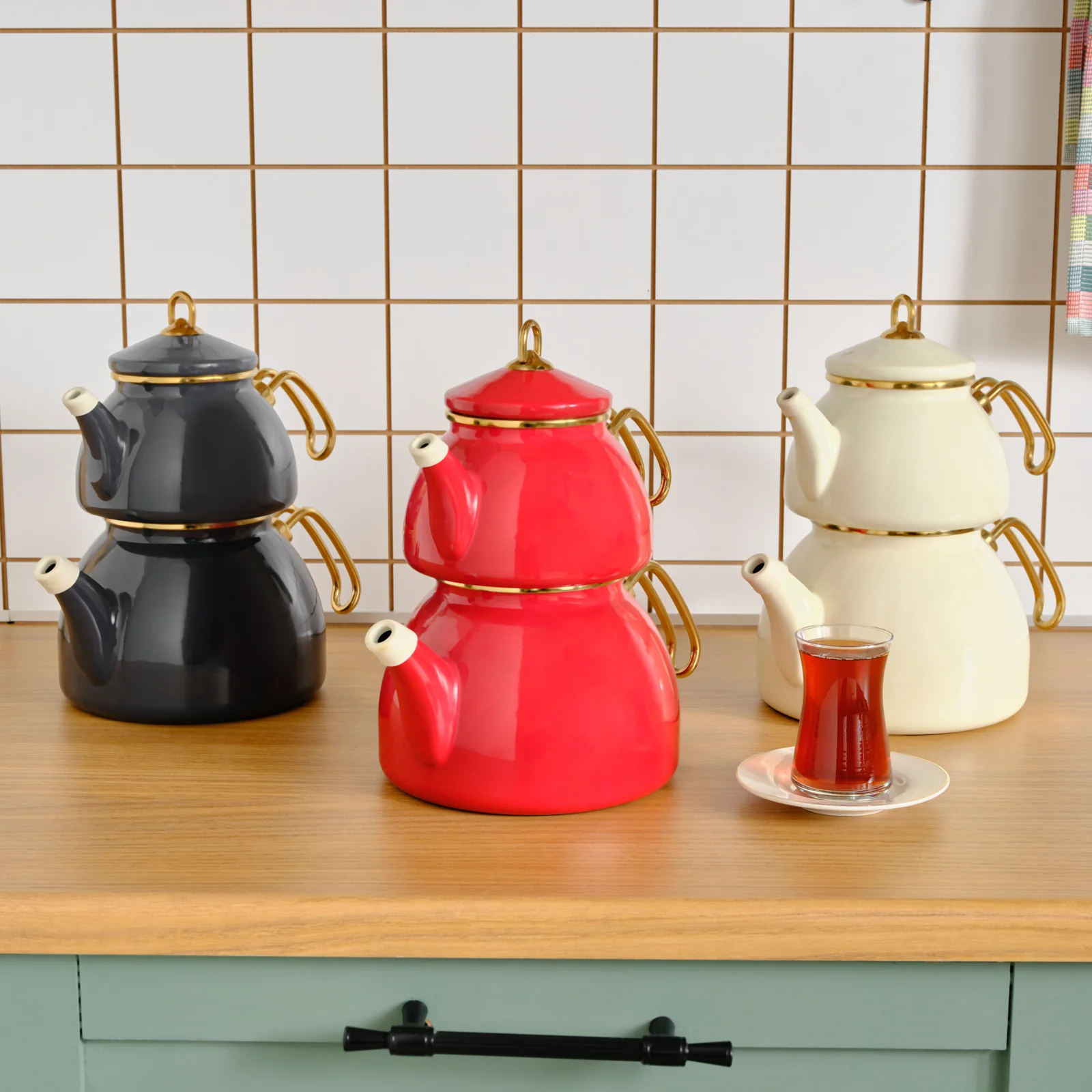 Karaca Retro Enamel Induction Teapot Set, Cream - Image 6