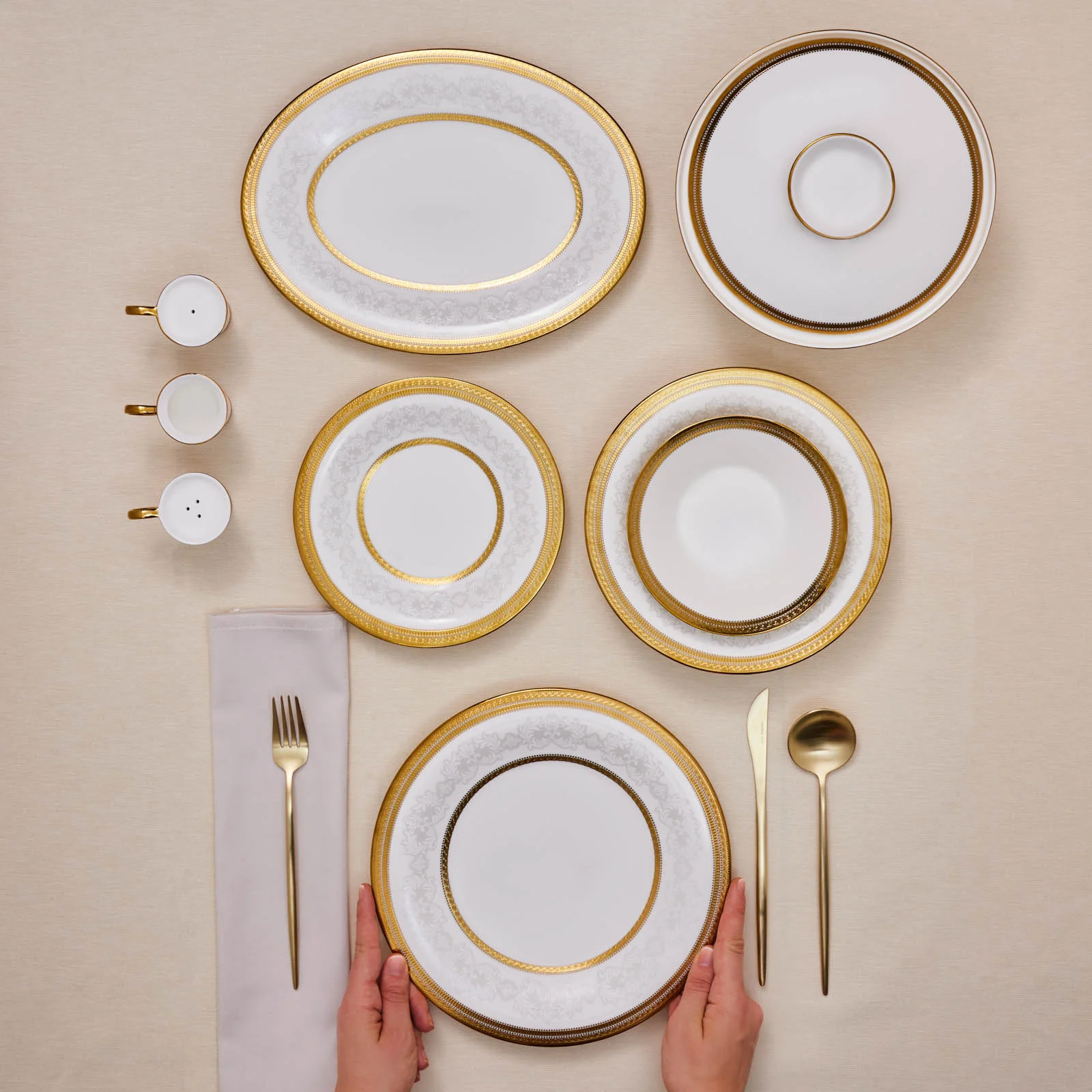 Karaca Royal Bone China Charlotte 55-Piece Dinner Set for 12 People, Gold - Image 4