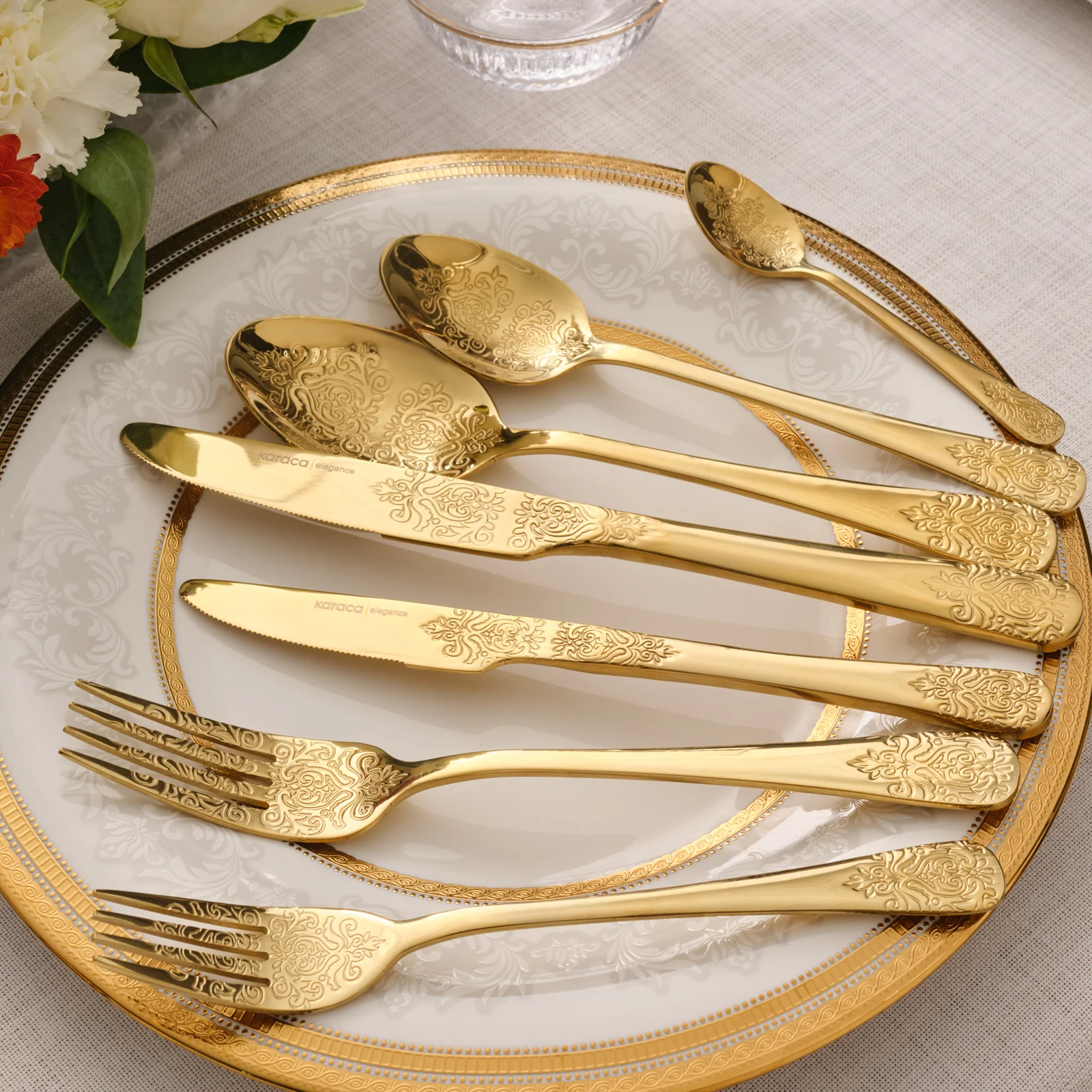 Karaca Royal Bone China Charlotte 55-Piece Dinner Set for 12 People, Gold - Image 5