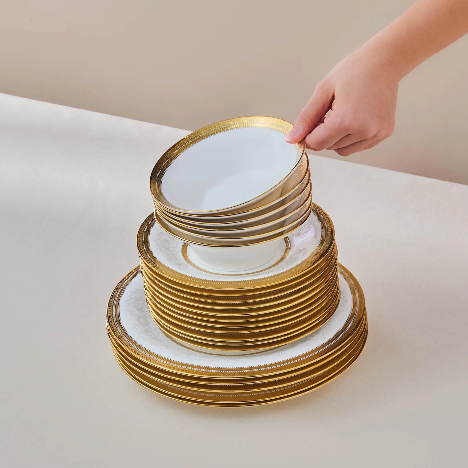 Karaca Royal Bone China Charlotte 55-Piece Dinner Set for 12 People, Gold - Image 9
