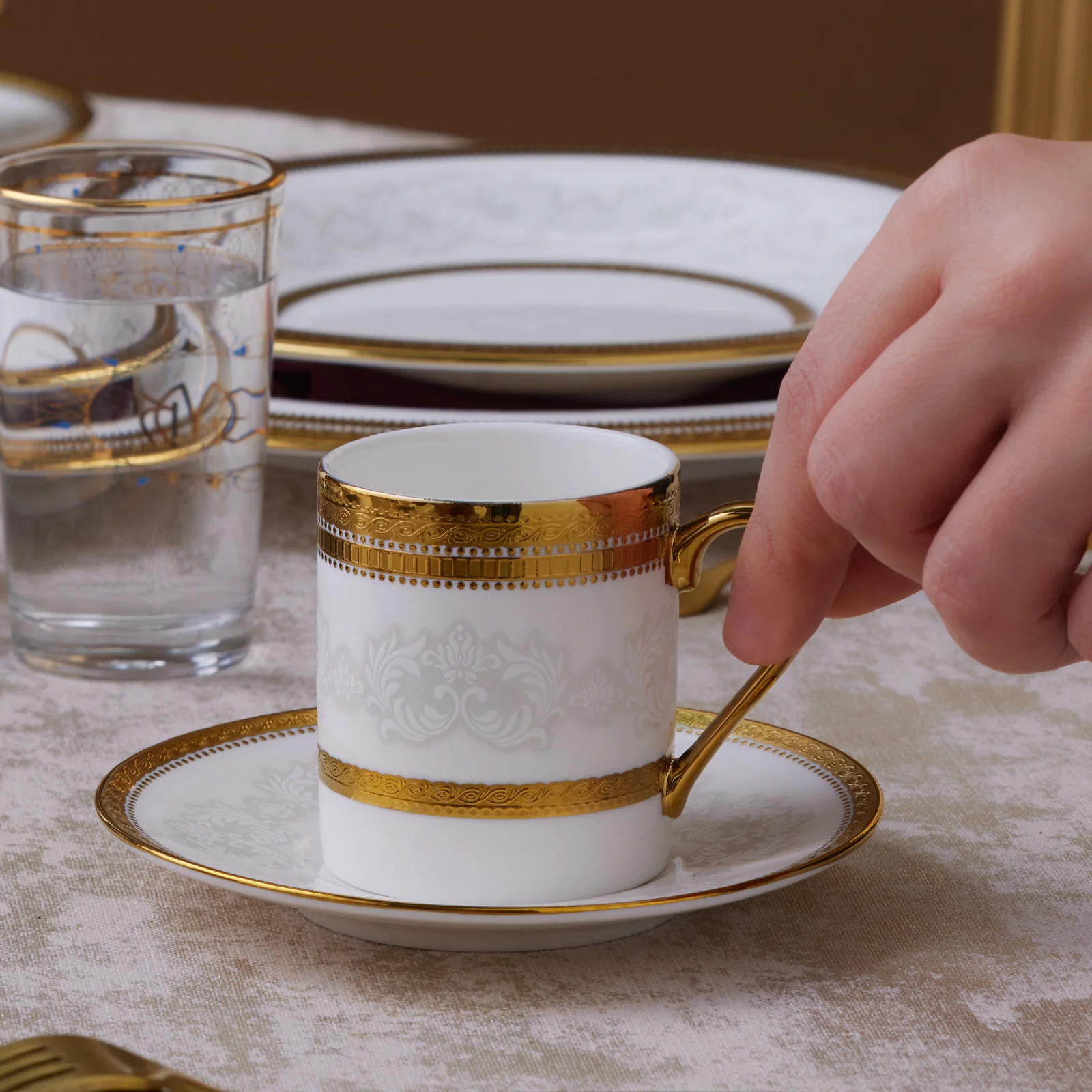 Karaca Royal Bone China Charlotte 12-Piece Espresso Turkish Coffee Cup for 6 People, 90ml, Gold - Image 5