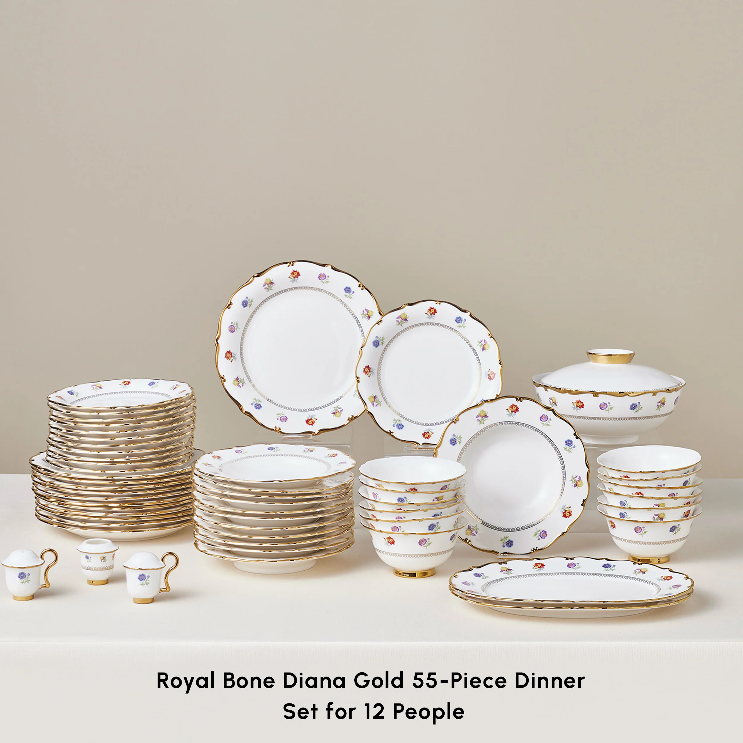 Karaca Royal Bone China Diana 55-Piece Dinner Set for 12 People, Gold - Image 3