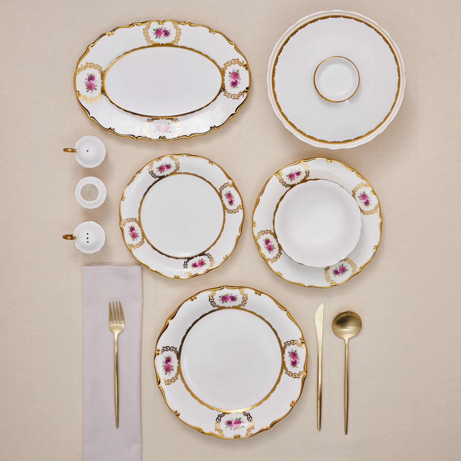 Karaca Royal Bone China Elizabeth 55-Piece Dinner Set for 12 People, Gold - Image 2