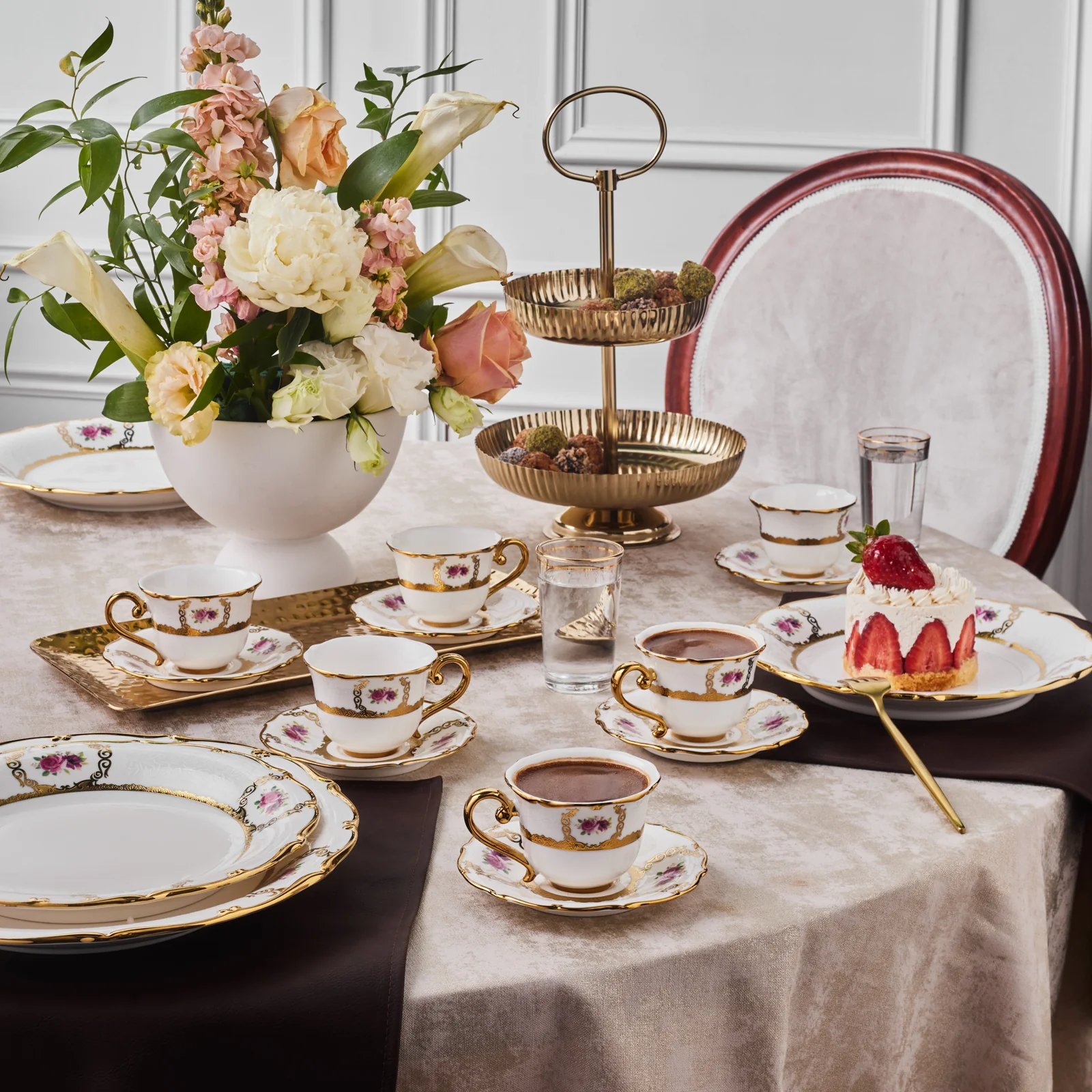 Karaca Royal Bone China Elizabeth 12-Piece Espresso Turkish Coffee Cup for 6 People, 90ml, Multi