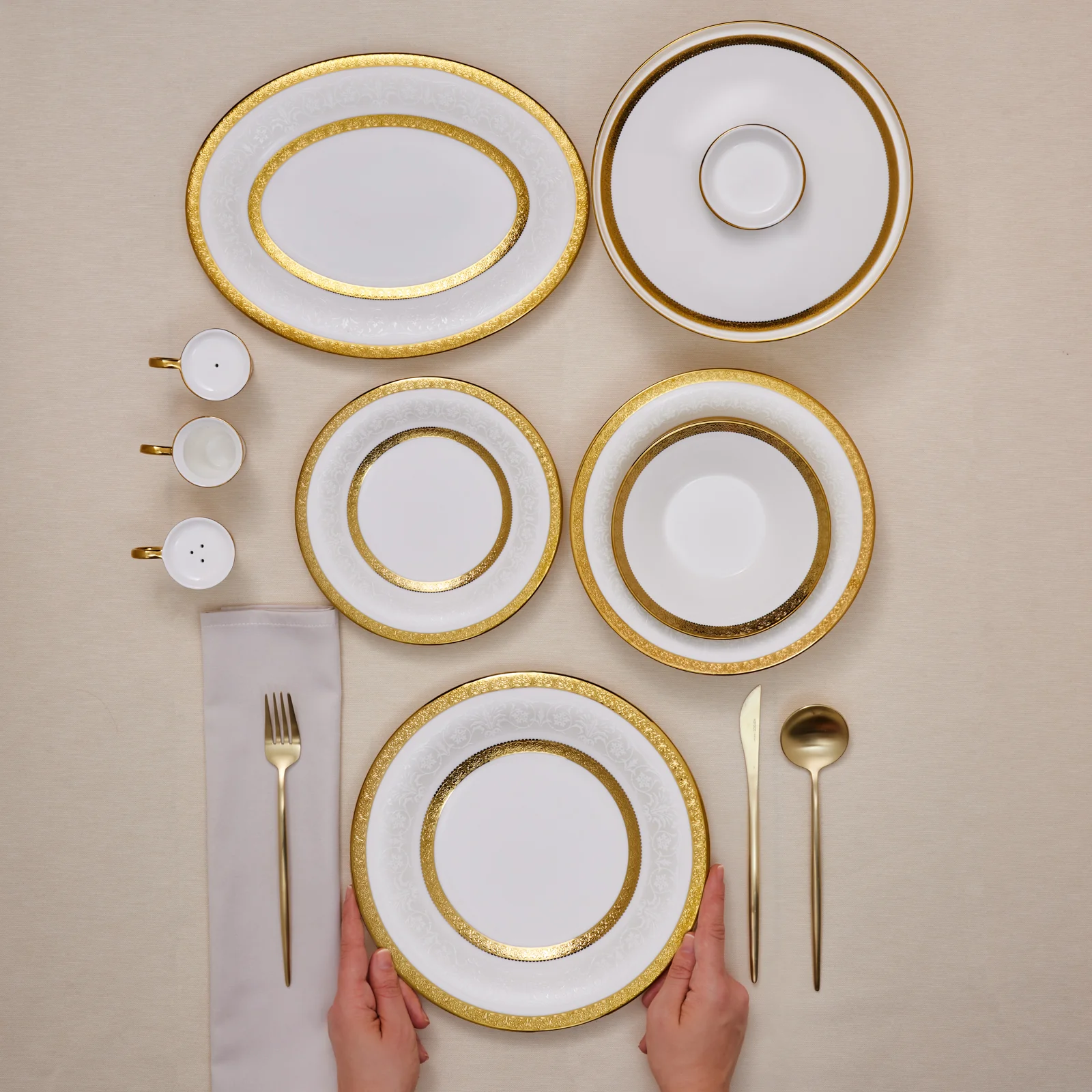 Karaca Royal Bone China Victoria 55-Piece Dinner Set for 12 People, Gold - Image 3