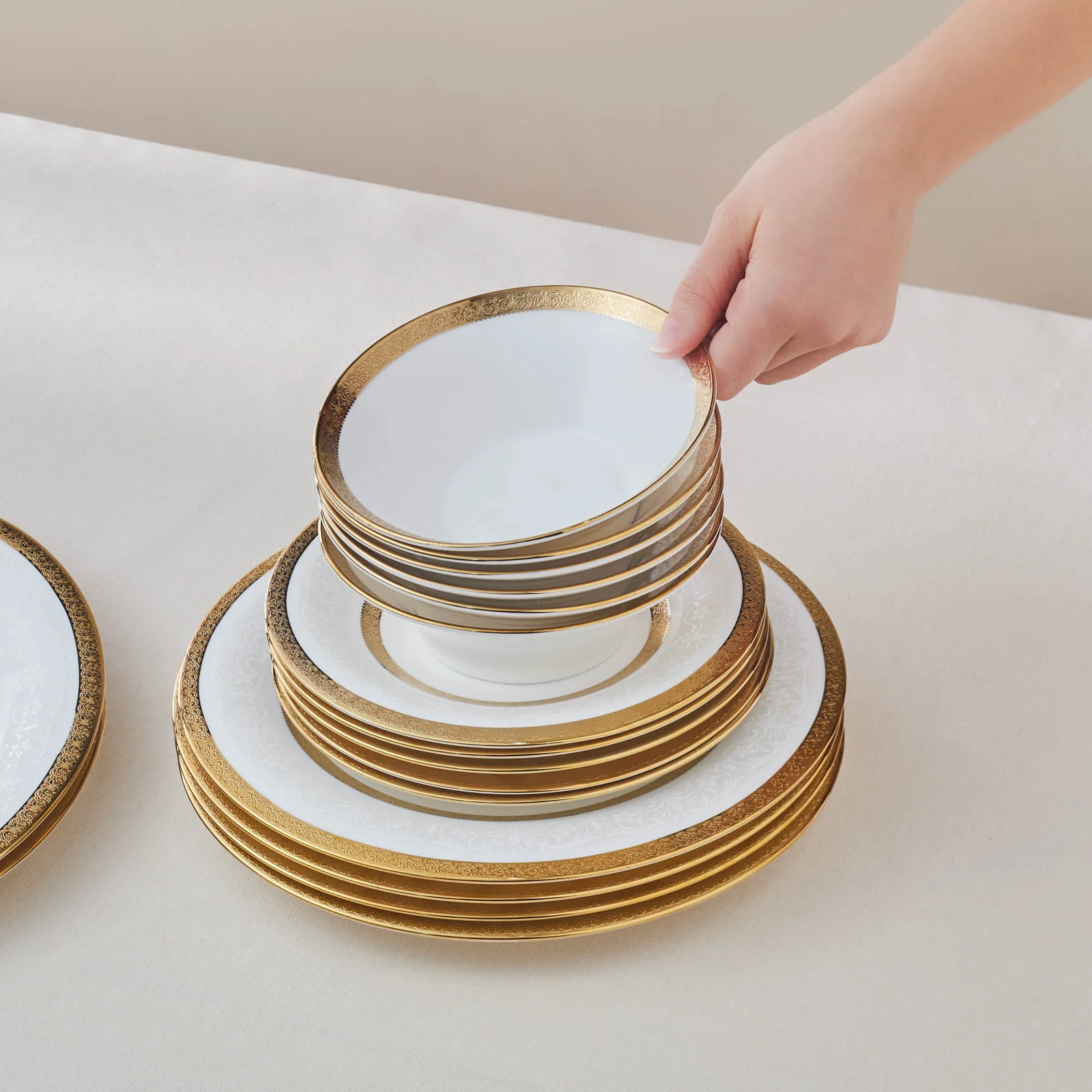 Karaca Royal Bone China Victoria 55-Piece Dinner Set for 12 People, Gold - Image 4