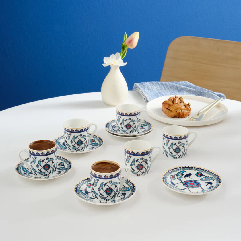 Karaca Rumi 12-Piece Bone China Turkish Coffee Cup Set for 6 People, 80ml, Multi - Image 3