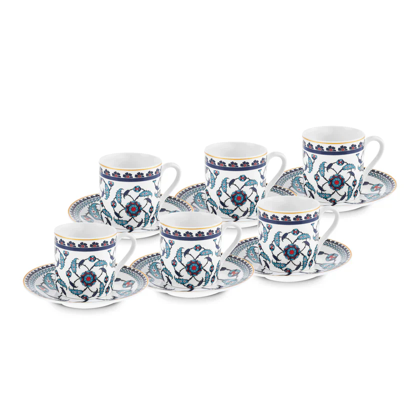 Karaca Rumi 12-Piece Bone China Turkish Coffee Cup Set for 6 People, 80ml, Multi - Image 8