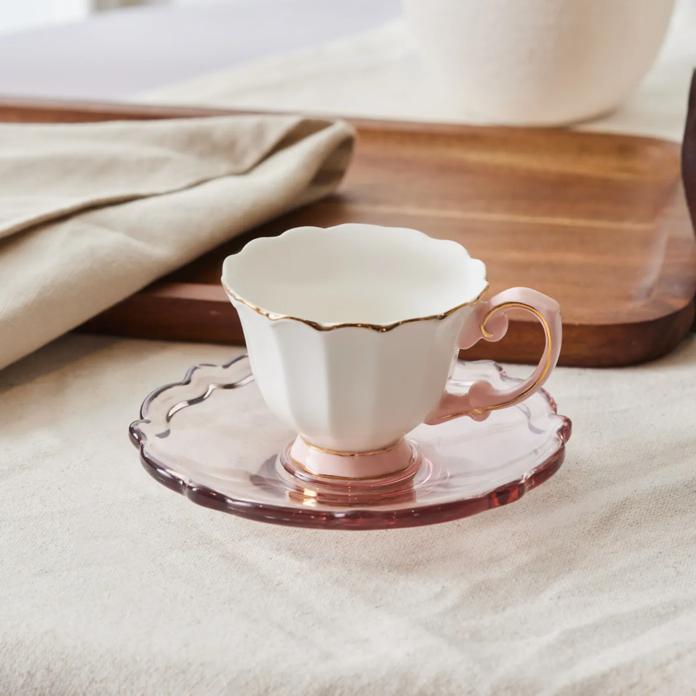 Karaca Samo 4-Piece Bone China Acrylic Plated Espresso Turkish Coffee Cup Set for 2 People, 90ml, Pink Multi - Image 2