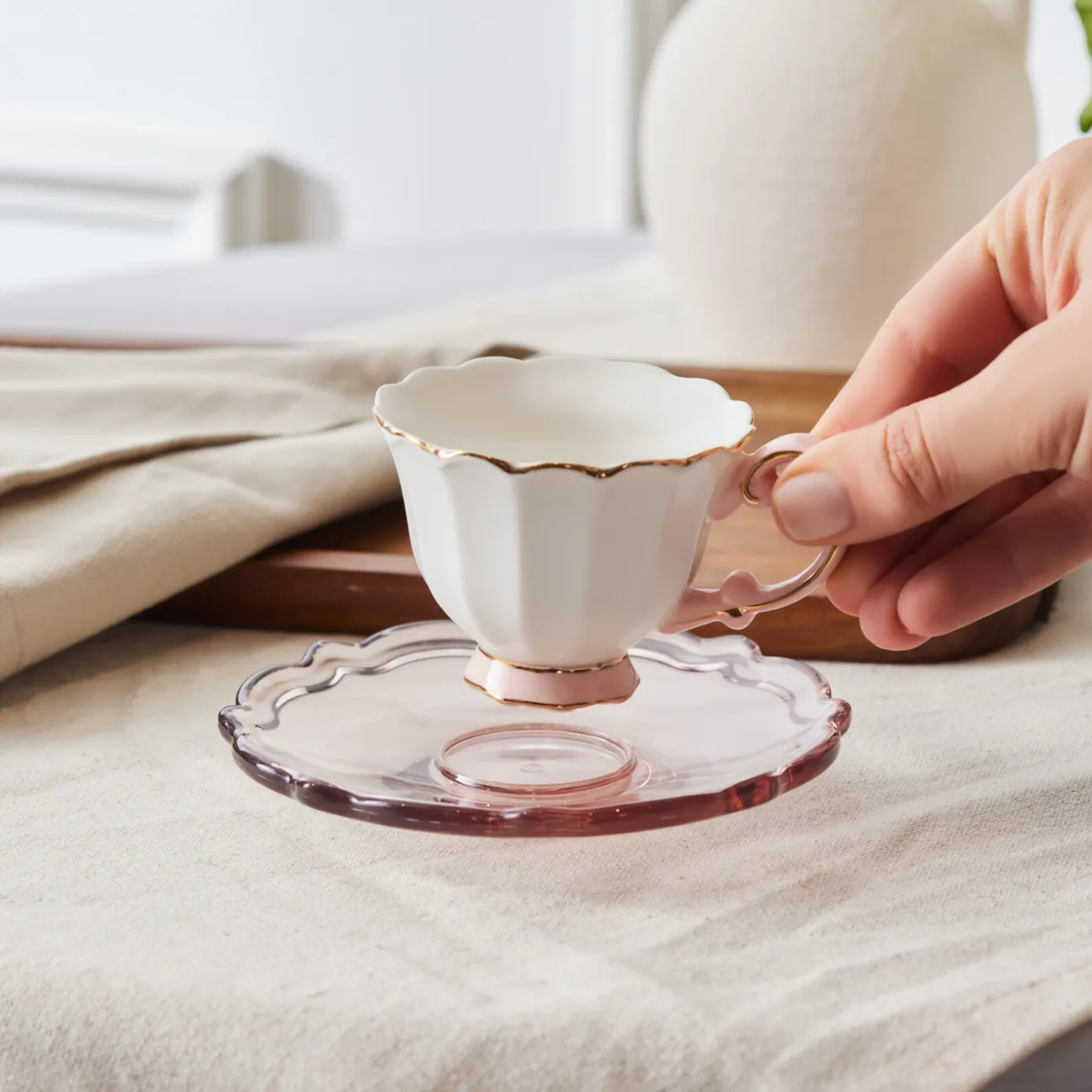 Karaca Samo 4-Piece Bone China Acrylic Plated Espresso Turkish Coffee Cup Set for 2 People, 90ml, Pink Multi - Image 3