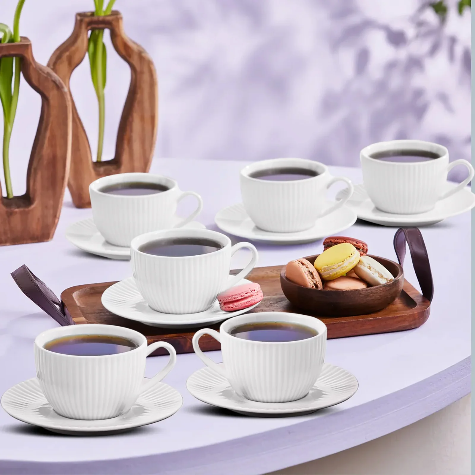 Karaca Seashell 12 Piece Porcelain Tea Cup and Saucer Set for 6 People, 200ml, White