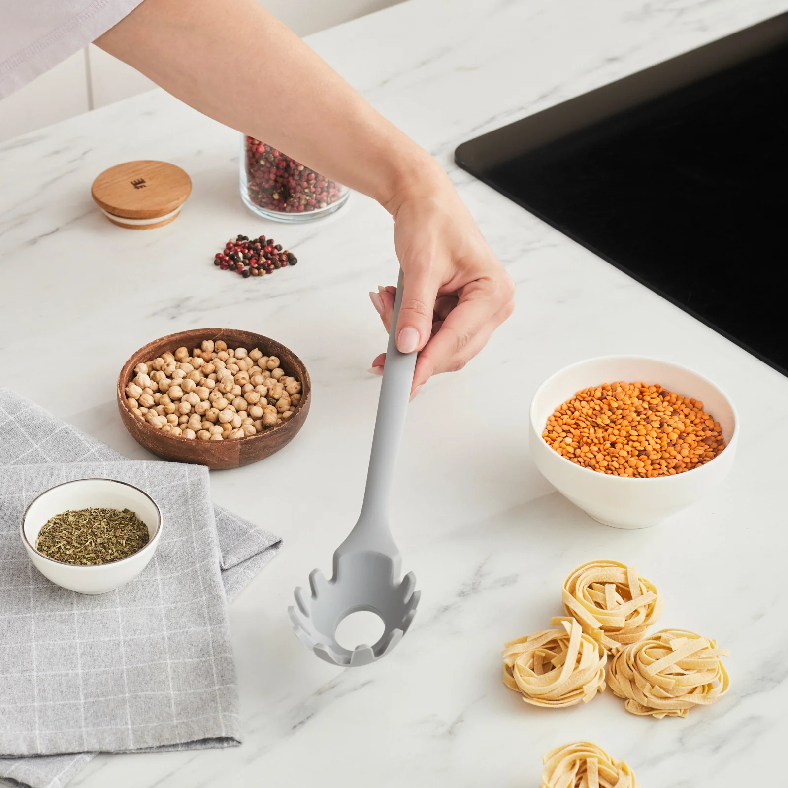 Karaca Silva Silicone Pasta Spoon, 33cm, Grey - Image 2