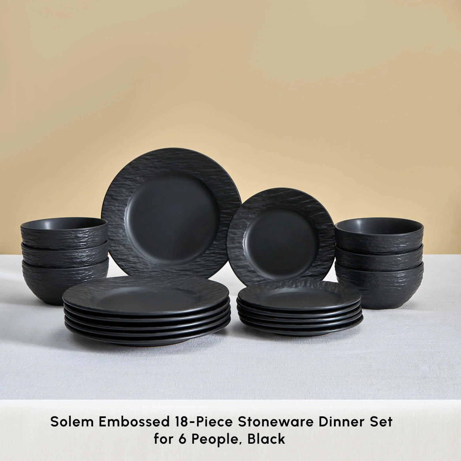 Karaca Solem Embossed 18-Piece Stoneware Dinner Set for 6 People, Black - Image 3