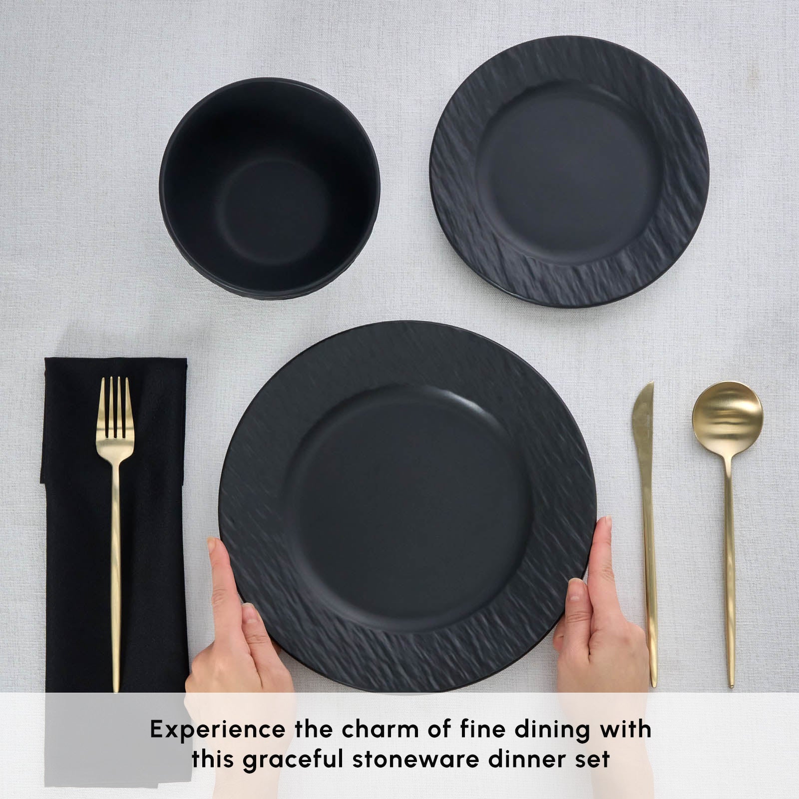 Karaca Solem Embossed 18-Piece Stoneware Dinner Set for 6 People, Black - Image 4
