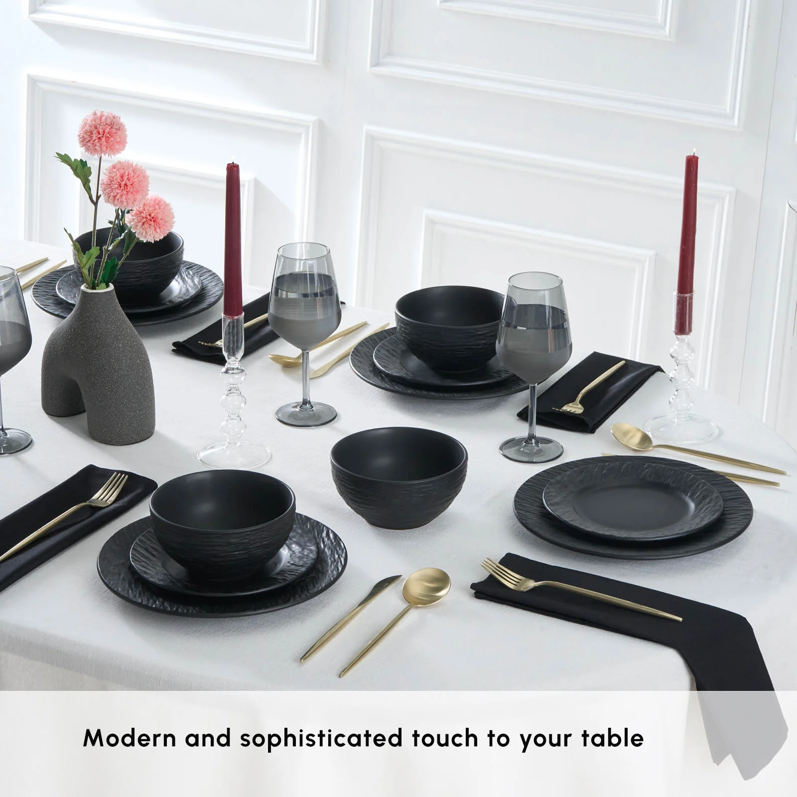 Karaca Solem Embossed 18-Piece Stoneware Dinner Set for 6 People, Black - Image 5