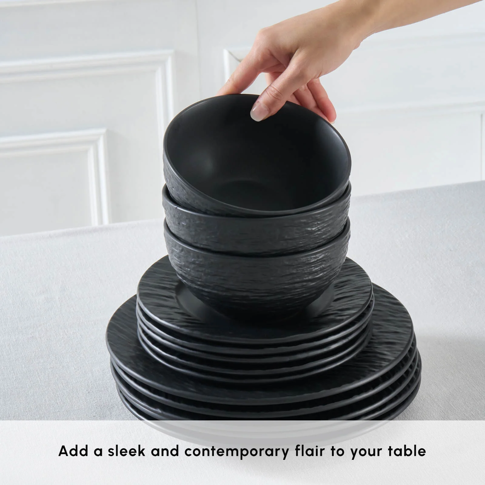 Karaca Solem Embossed 18-Piece Stoneware Dinner Set for 6 People, Black - Image 7