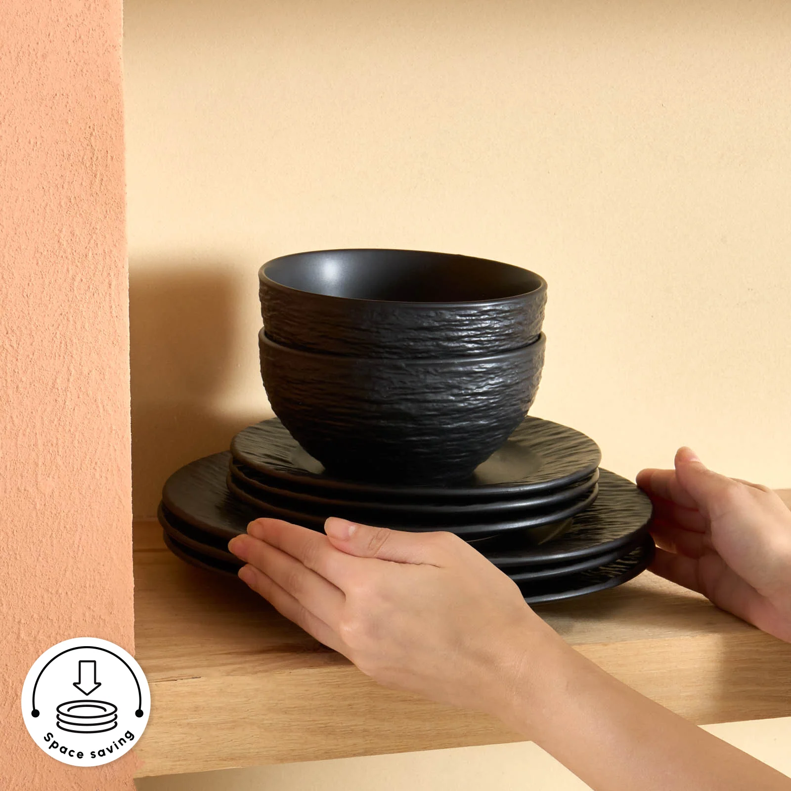 Karaca Solem Embossed 18-Piece Stoneware Dinner Set for 6 People, Black - Image 8