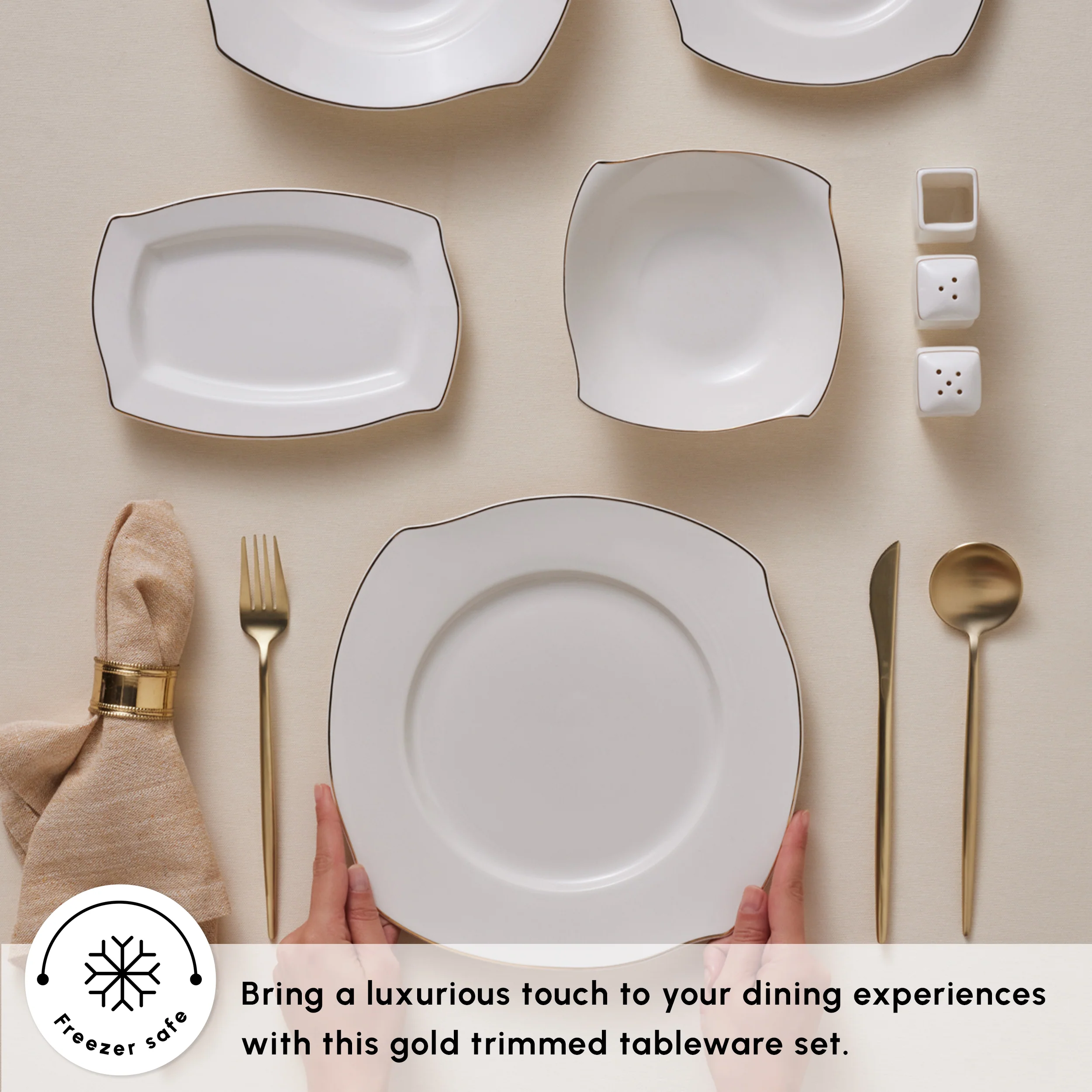 Karaca Square Bone China Wave 53-Piece Dinner Set for 12 People, Gold - Image 4