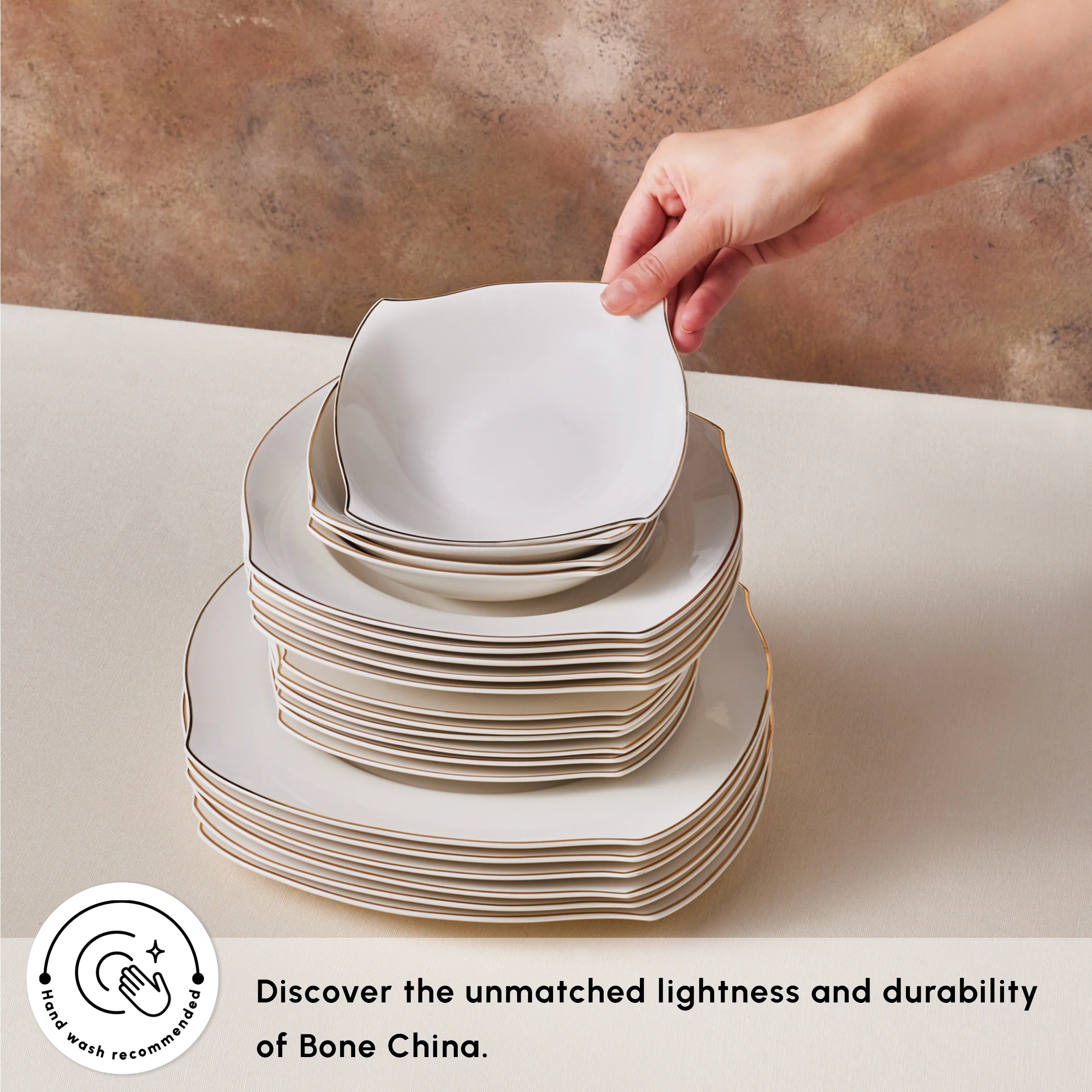 Karaca Square Bone China Wave 53-Piece Dinner Set for 12 People, Gold - Image 5