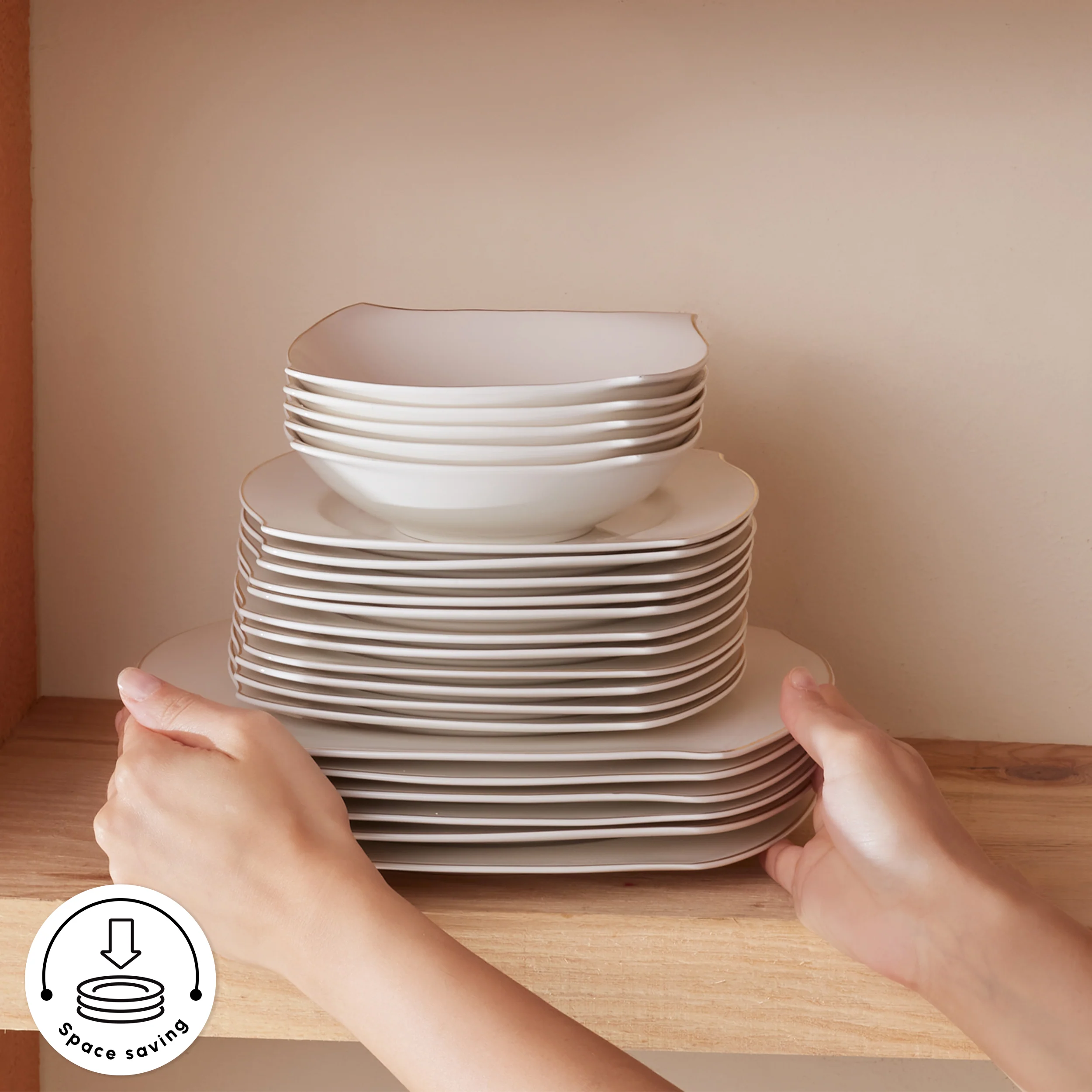 Karaca Square Bone China Wave 53-Piece Dinner Set for 12 People, Gold - Image 7