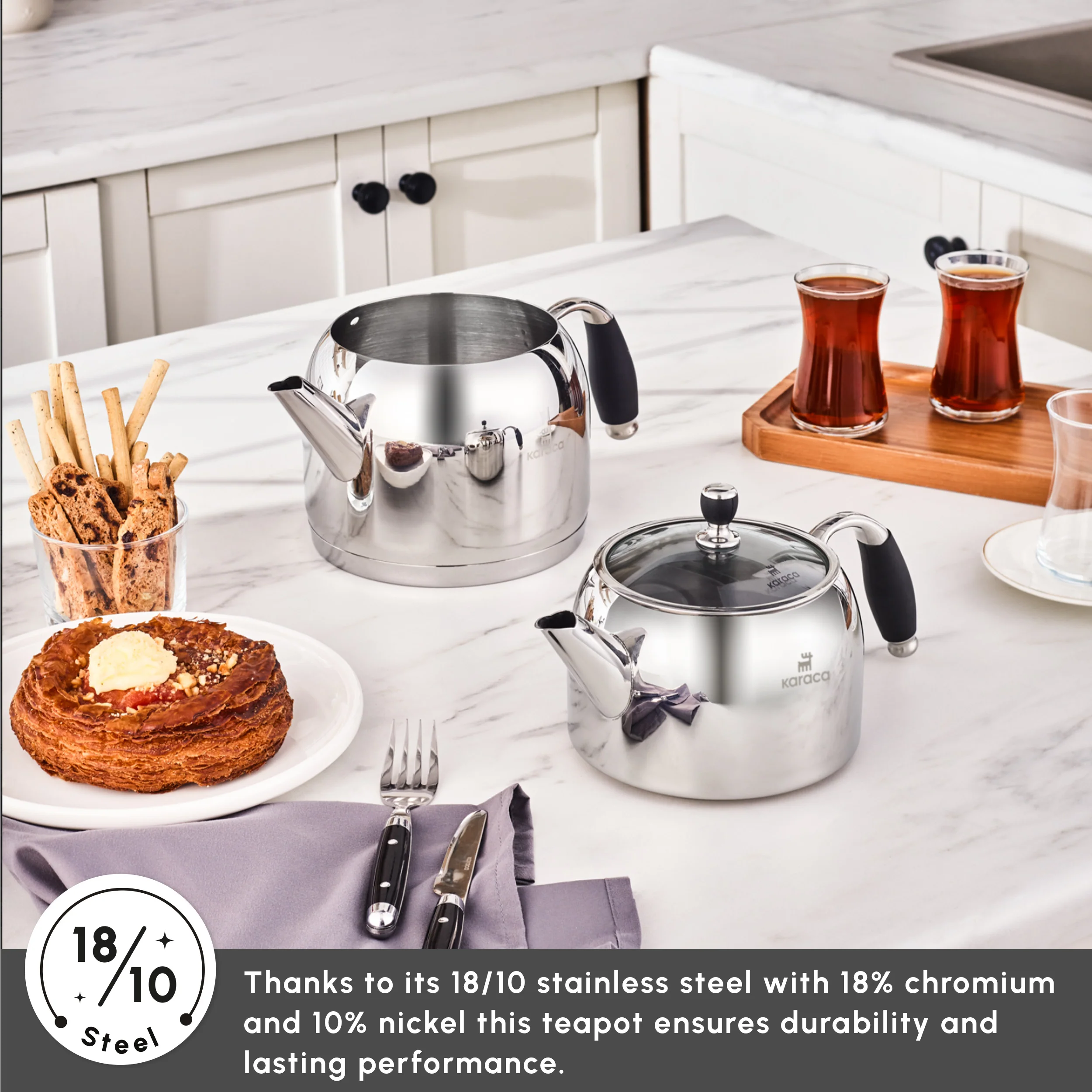 Karaca Stella Stainless Steel Teapot Set, XL, Silver - Image 3