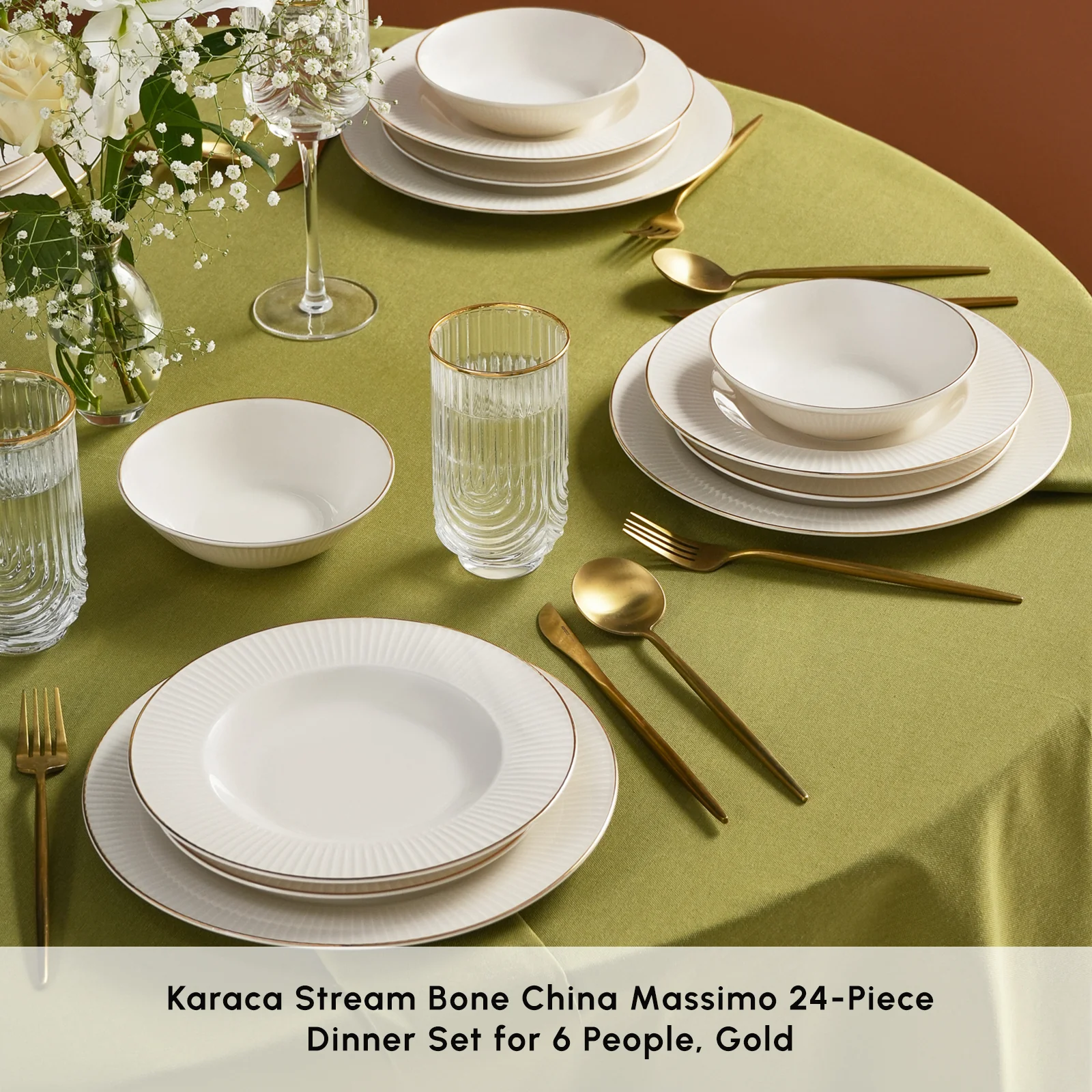 Karaca Stream Bone China Massimo 24-Piece Dinner Set for 6 People, Gold - Image 3