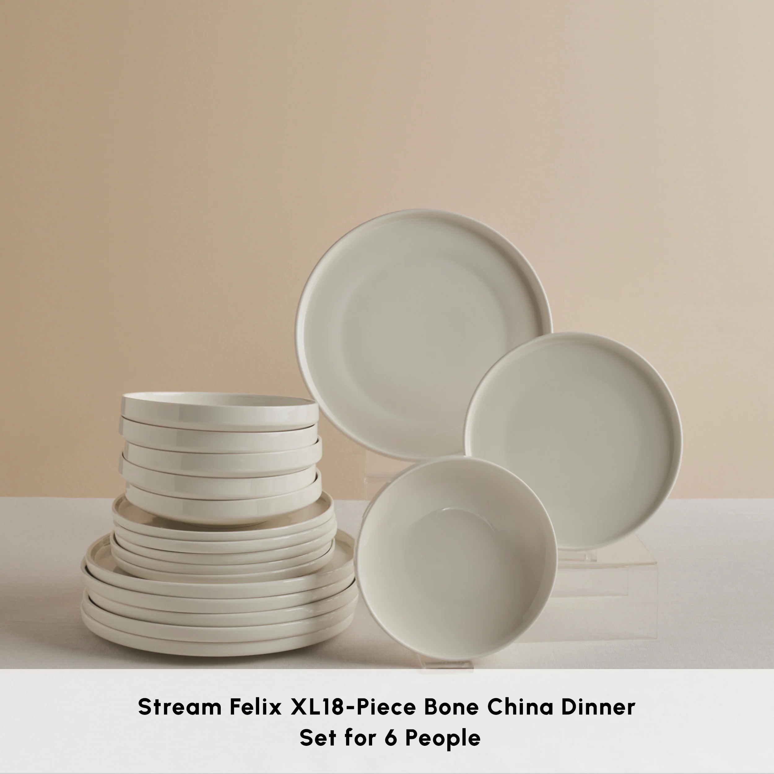 Karaca Stream Bone China Felix XL 18-Piece China Dinner Set for 6 People, White - Image 3