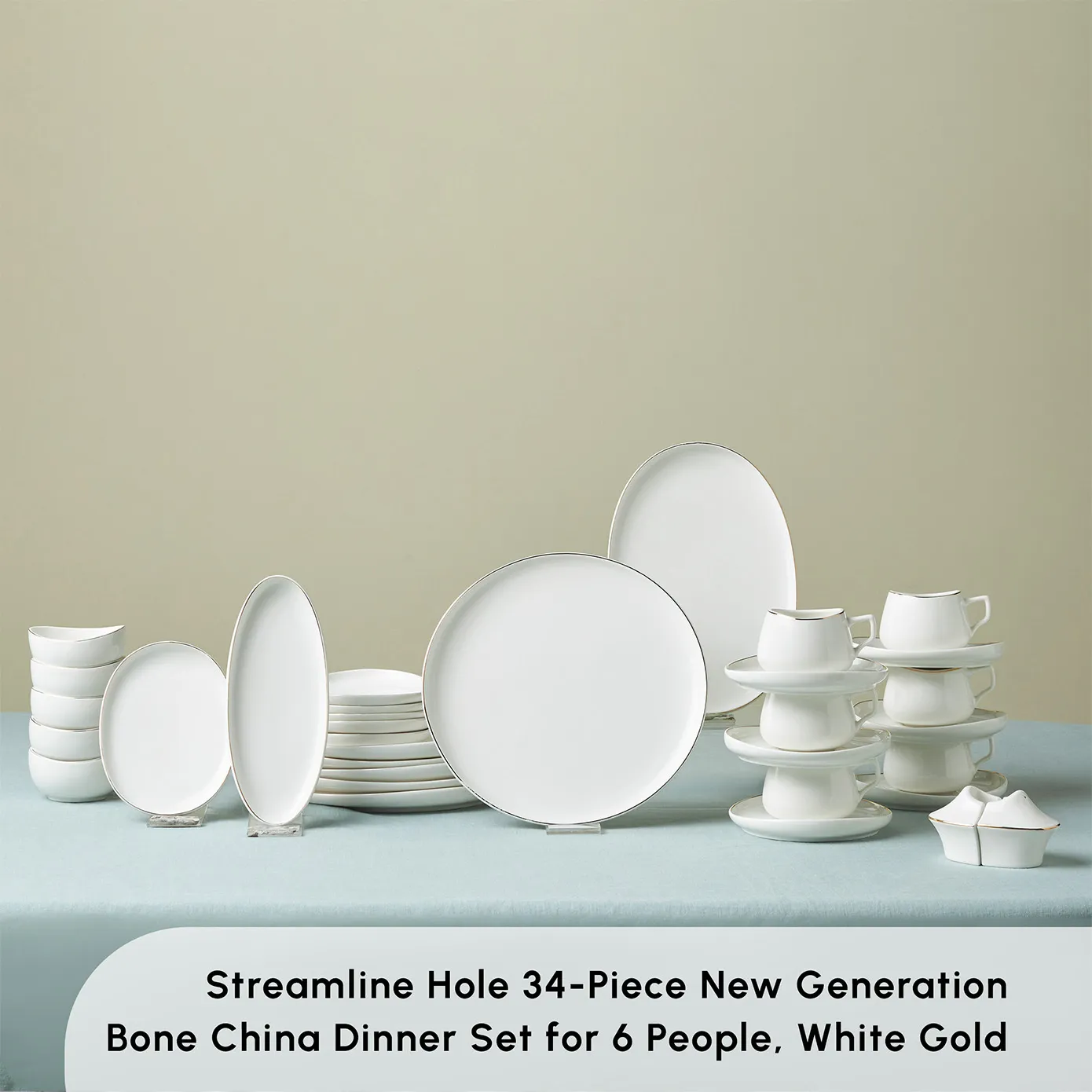 Karaca Stream Pure Hole 34-Piece Serveware Set for 6 People, White Gold - Image 3