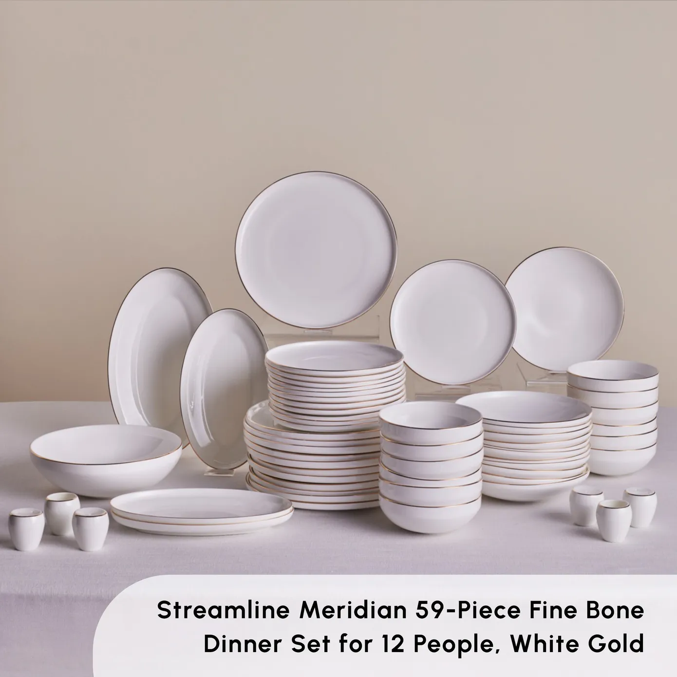 Karaca Stream Bone China New Meridian 59-Piece Dinner Set for 12 People, White Gold - Image 3