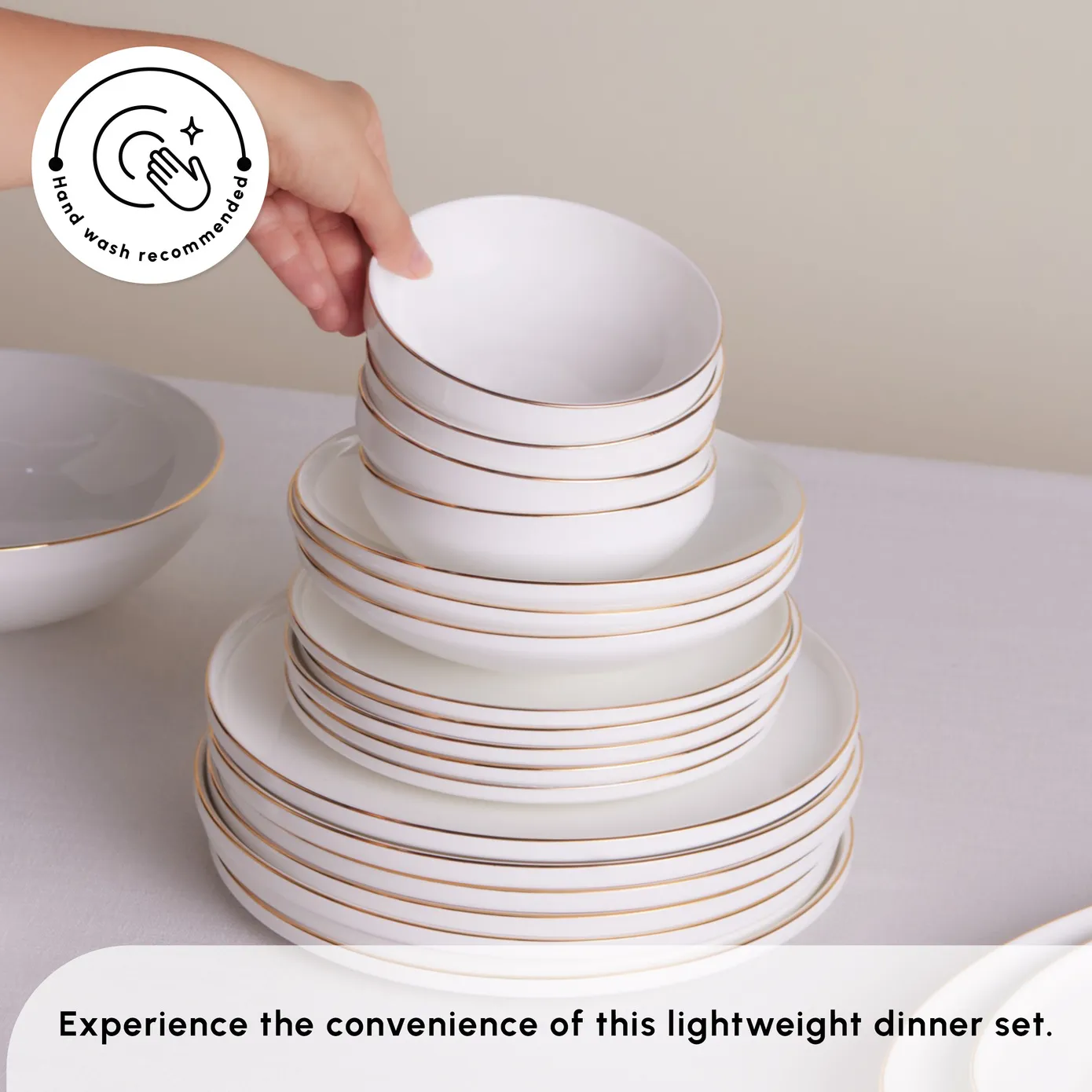 Karaca Stream Bone China New Meridian 59-Piece Dinner Set for 12 People, White Gold - Image 6