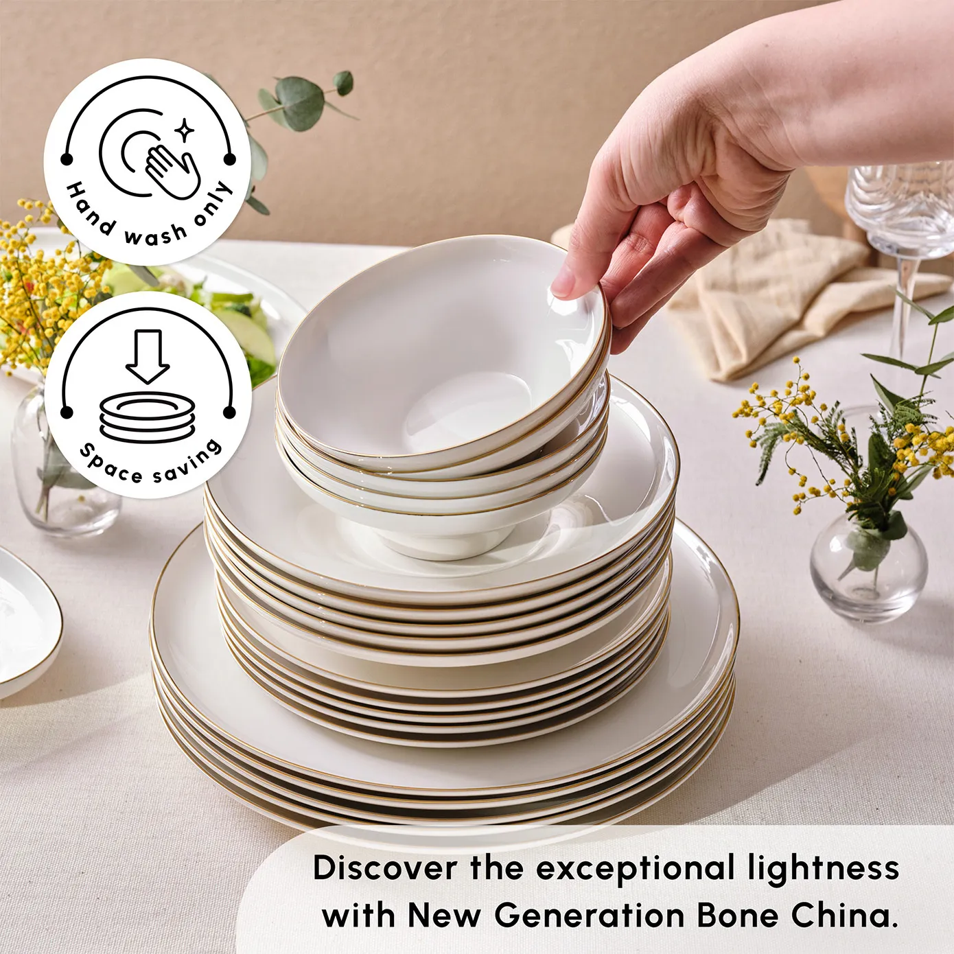 Karaca Stream Bone China Nefeli 56-Piece Dinner Set for 12 People, Gold - Image 6