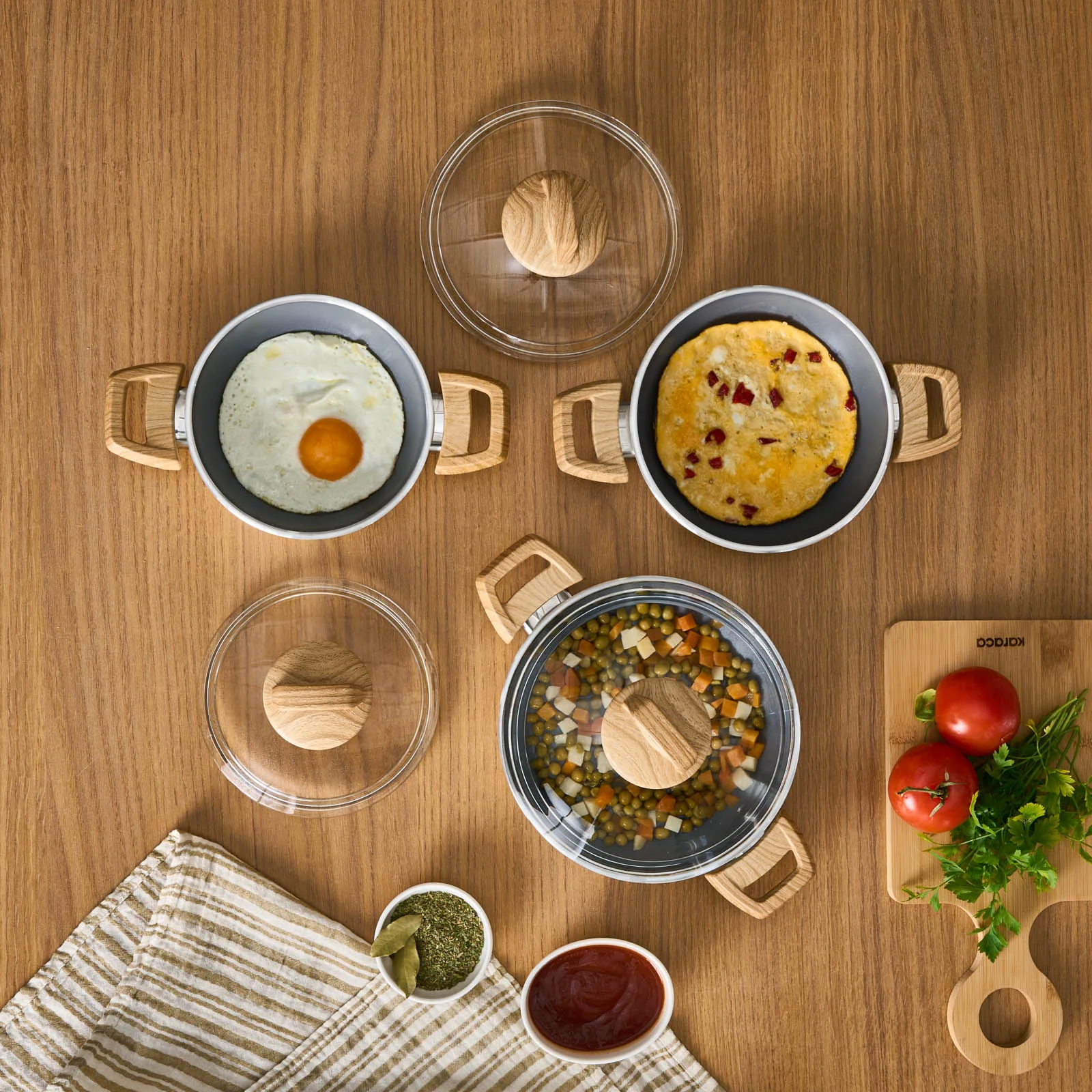 Karaca Swiss Crystal 6 Piece Non-Stick Induction Shallow Cookware Set, Creamy - Image 4