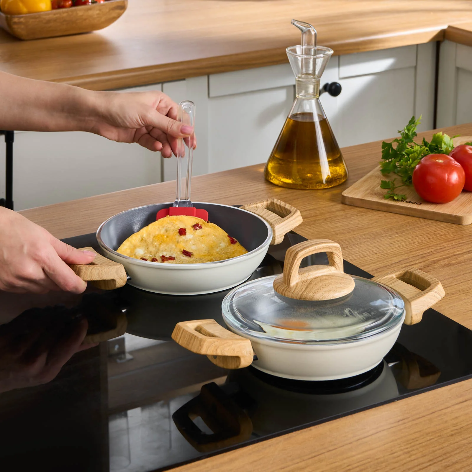 Karaca Swiss Crystal 6 Piece Non-Stick Induction Shallow Cookware Set, Creamy - Image 5