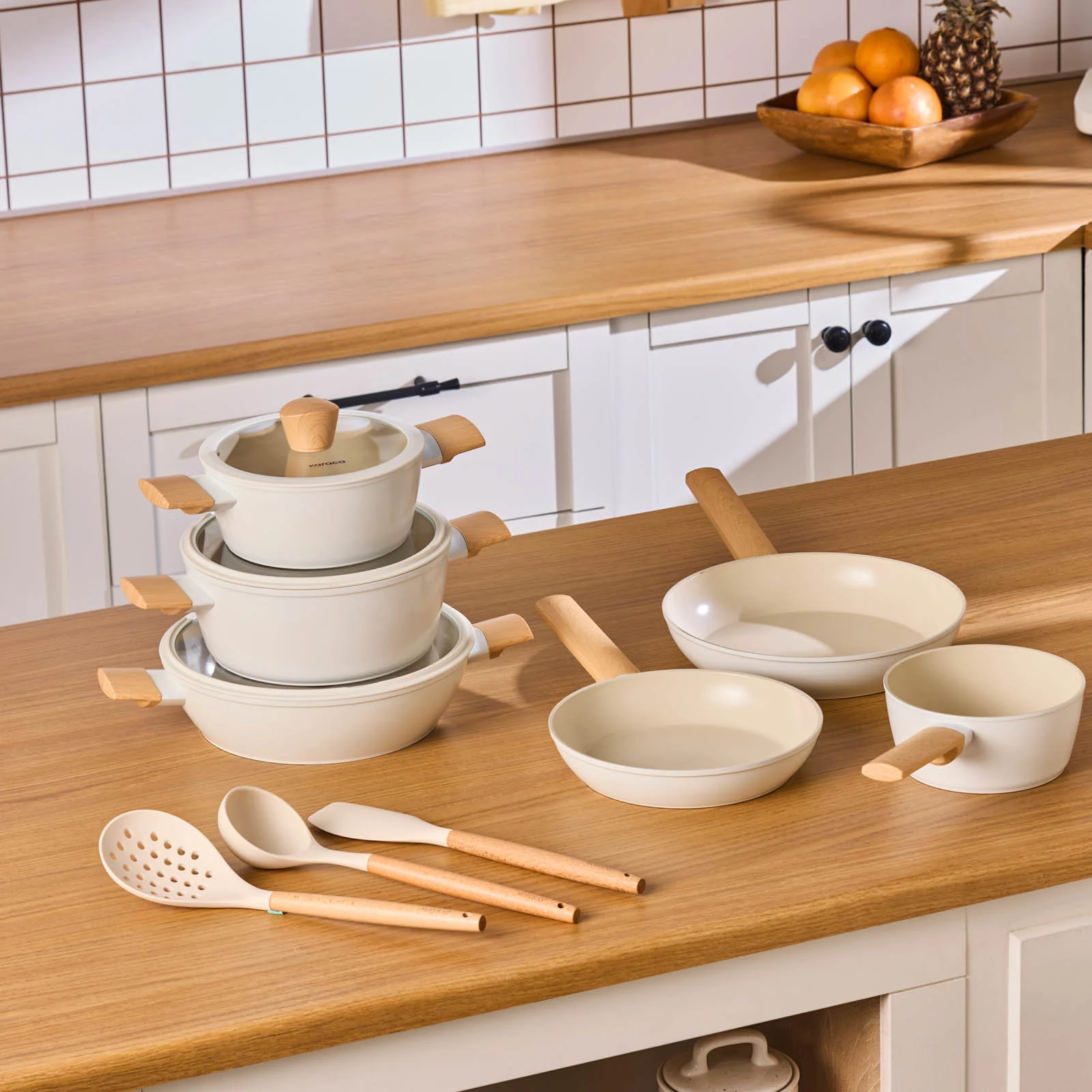 Karaca Swiss Crystal Almond Cream 12-Piece Non-Stick Induction Ceramic Cookware Set, Cream