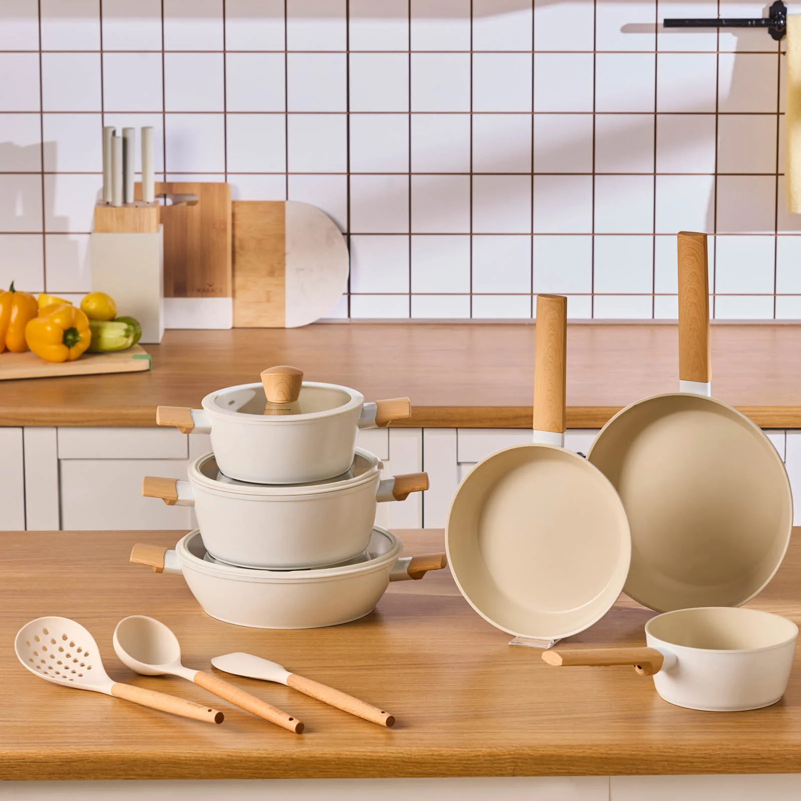 Karaca Swiss Crystal Almond Cream 12-Piece Non-Stick Induction Ceramic Cookware Set, Cream - Image 2