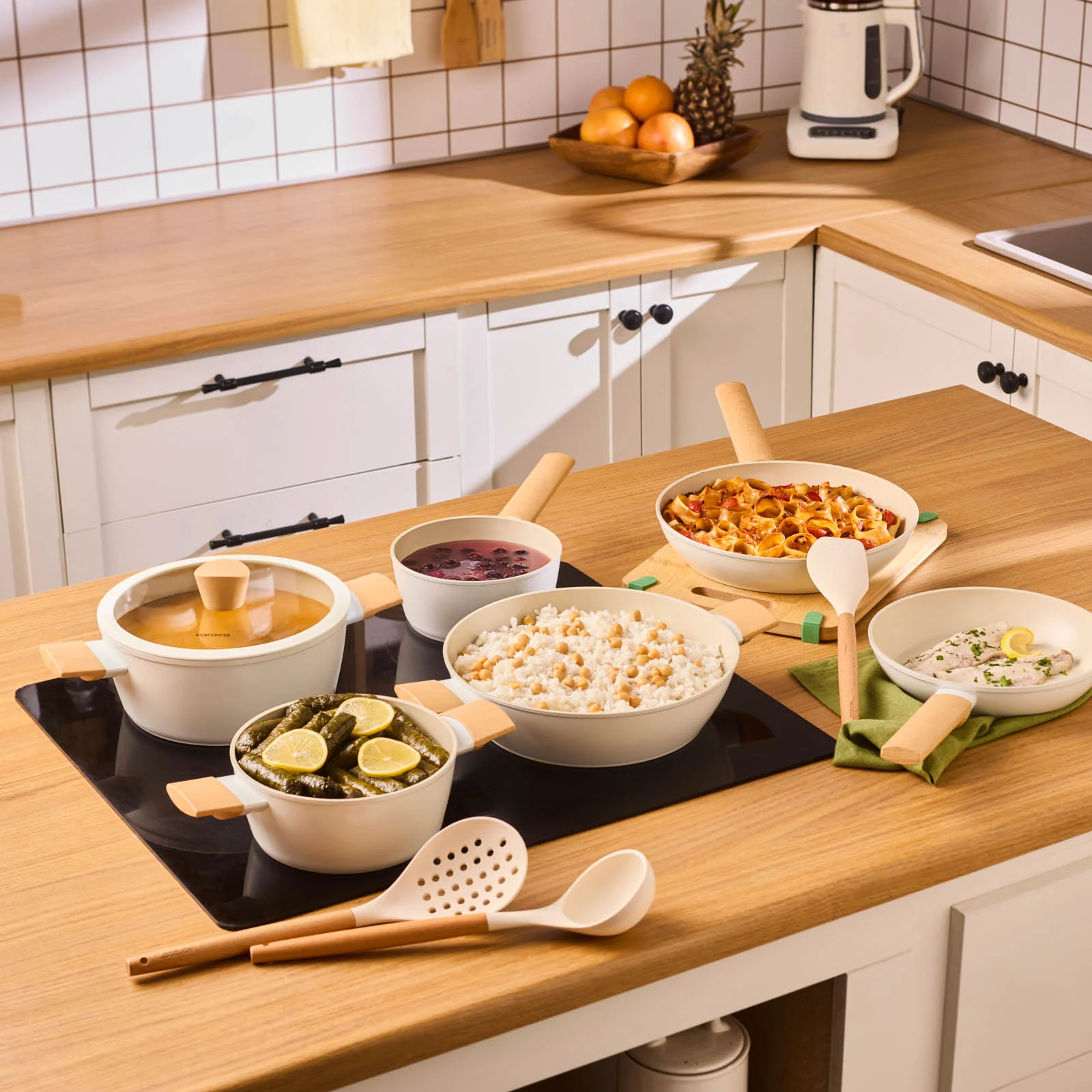 Karaca Swiss Crystal Almond Cream 12-Piece Non-Stick Induction Ceramic Cookware Set, Cream - Image 3