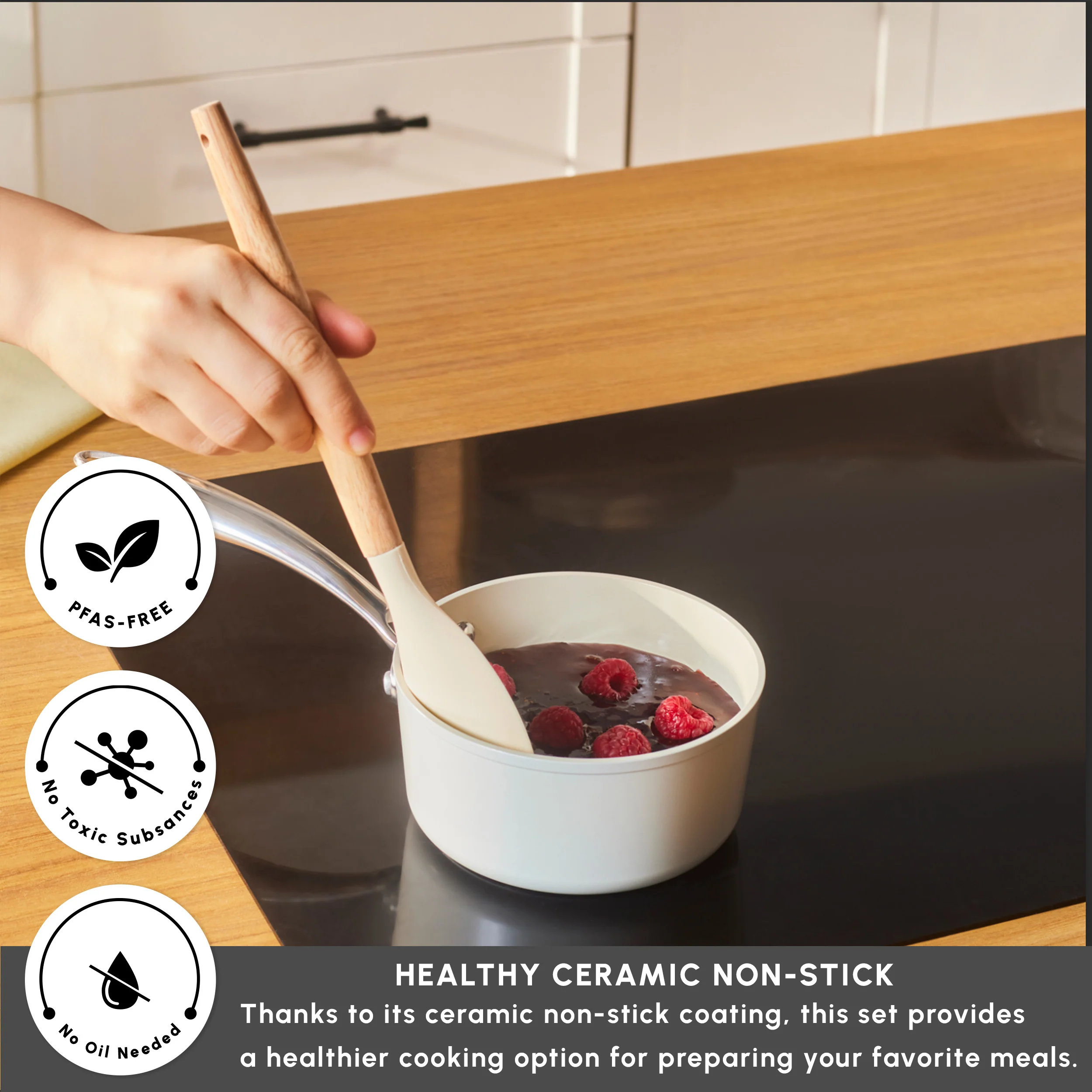 Karaca Swiss Crystal Almond Cream Non-Stick Induction Stainless Steel Handle Sauce Pan, 14cm, Cream - Image 3