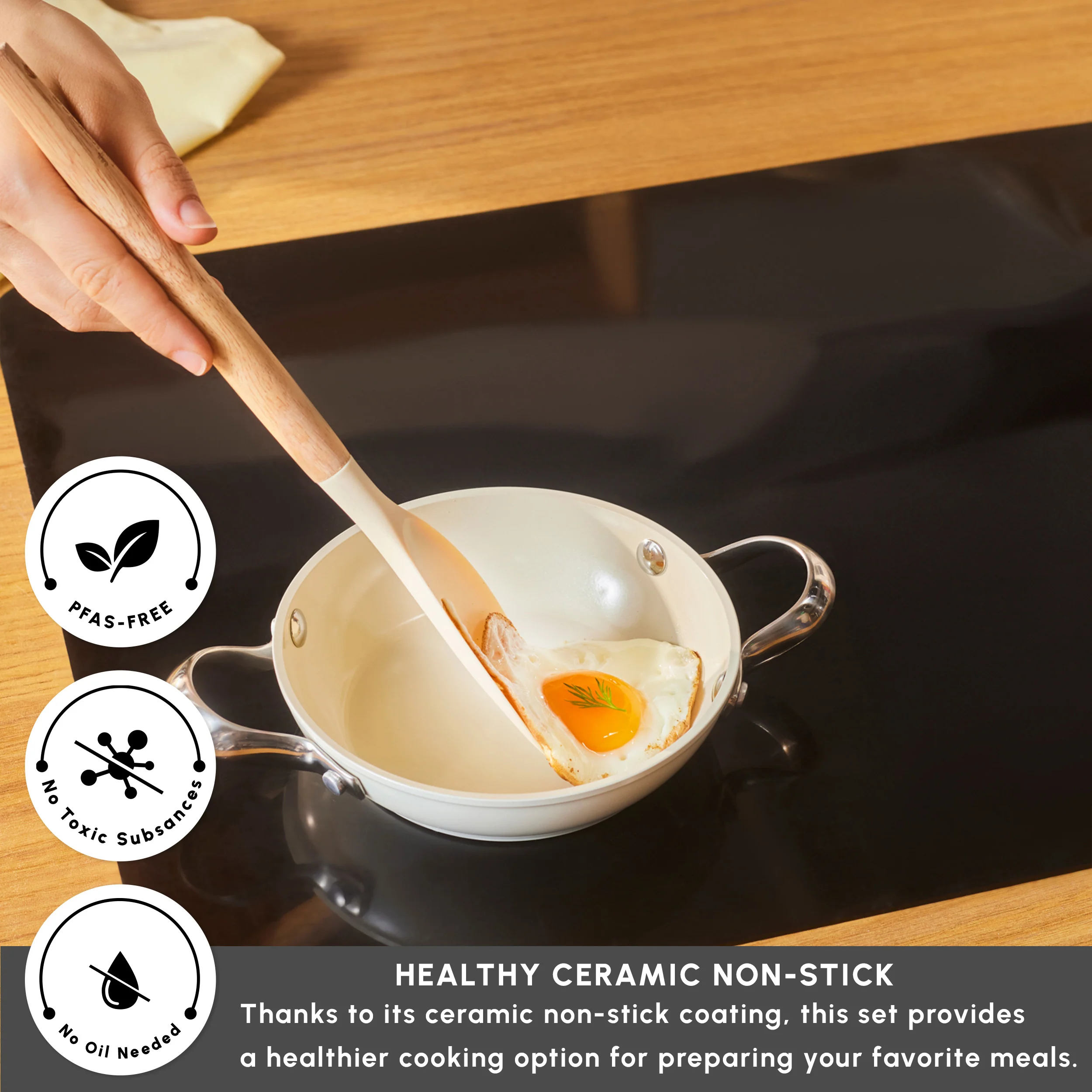 Karaca Swiss Crystal Almond Cream Non-Stick Induction Stainless Steel Handle Shallow Pan, 16cm, Cream - Image 3