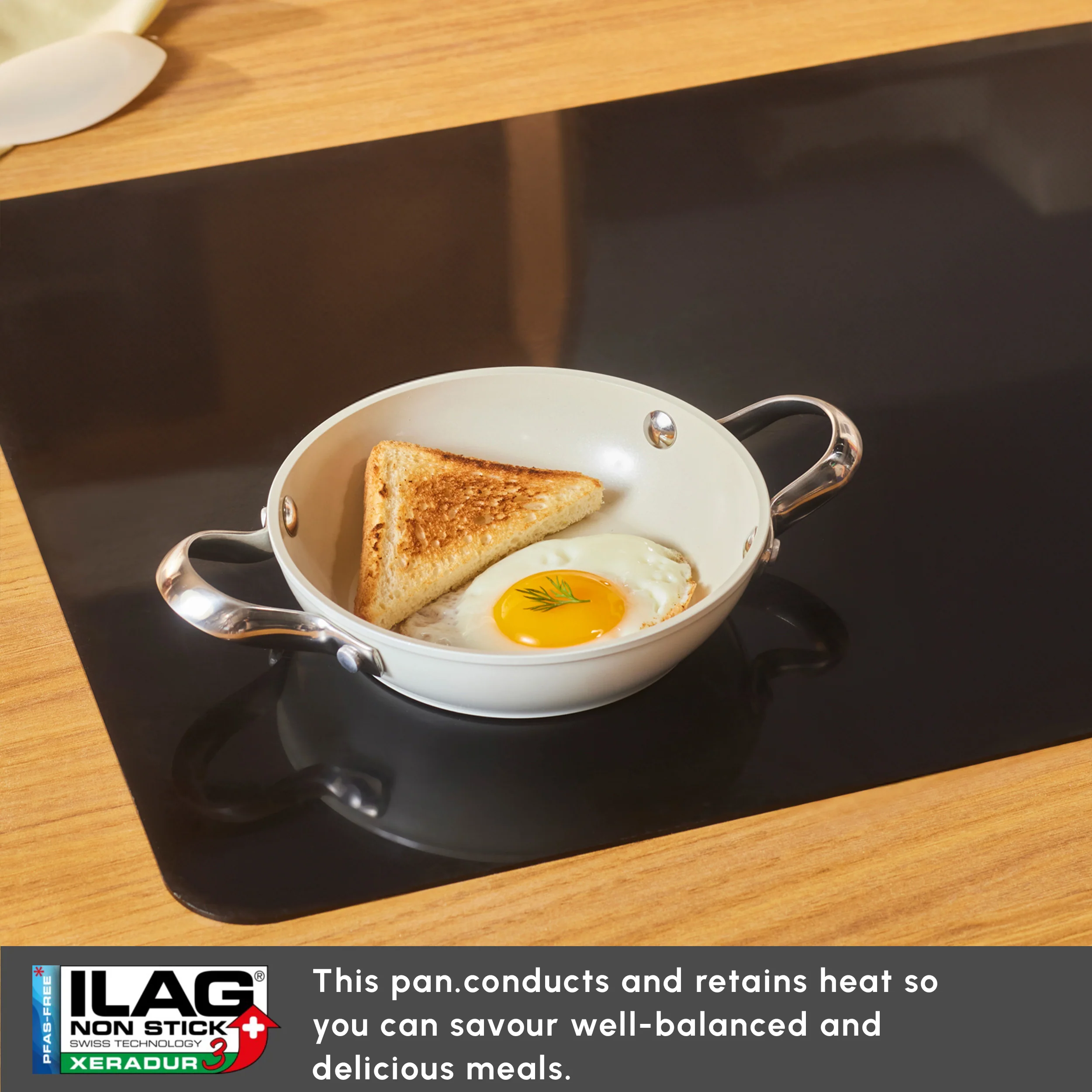 Karaca Swiss Crystal Almond Cream Non-Stick Induction Stainless Steel Handle Shallow Pan, 16cm, Cream - Image 7