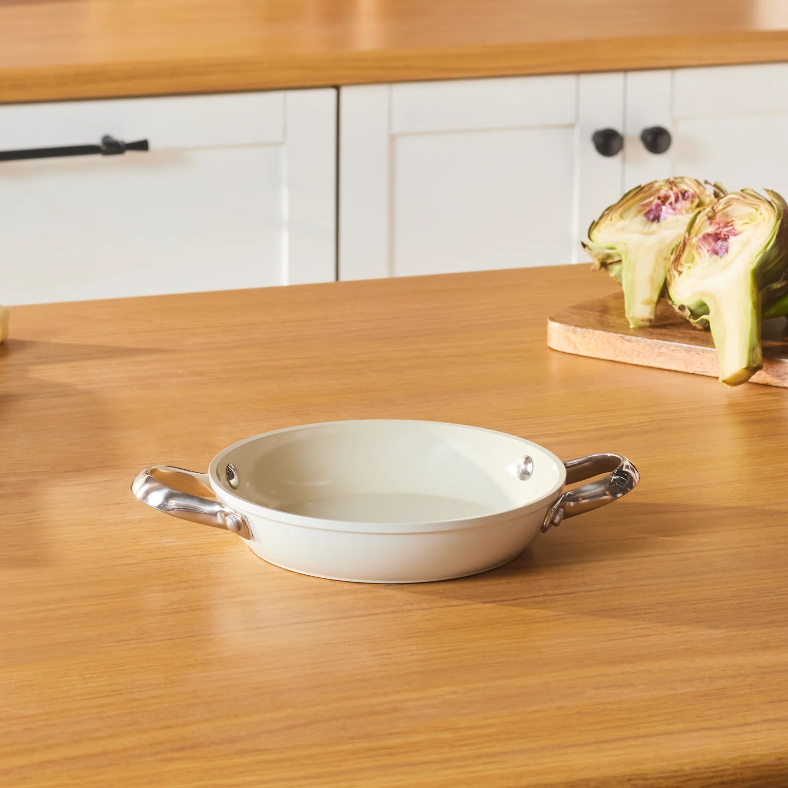Karaca Swiss Crystal Almond Cream Non-Stick Induction Stainless Steel Handle Shallow Pan, 18cm, Cream