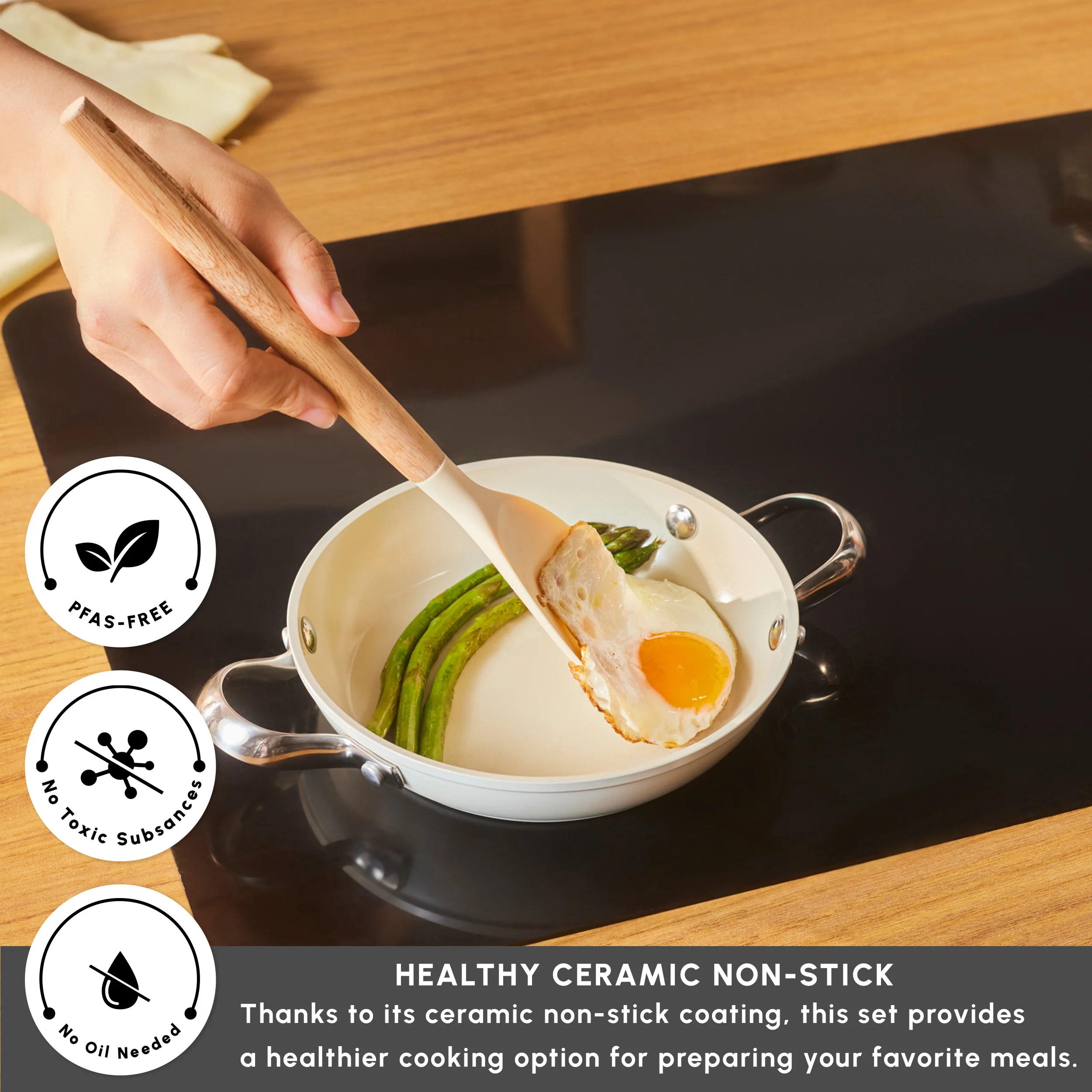 Karaca Swiss Crystal Almond Cream Non-Stick Induction Stainless Steel Handle Shallow Pan, 18cm, Cream - Image 3