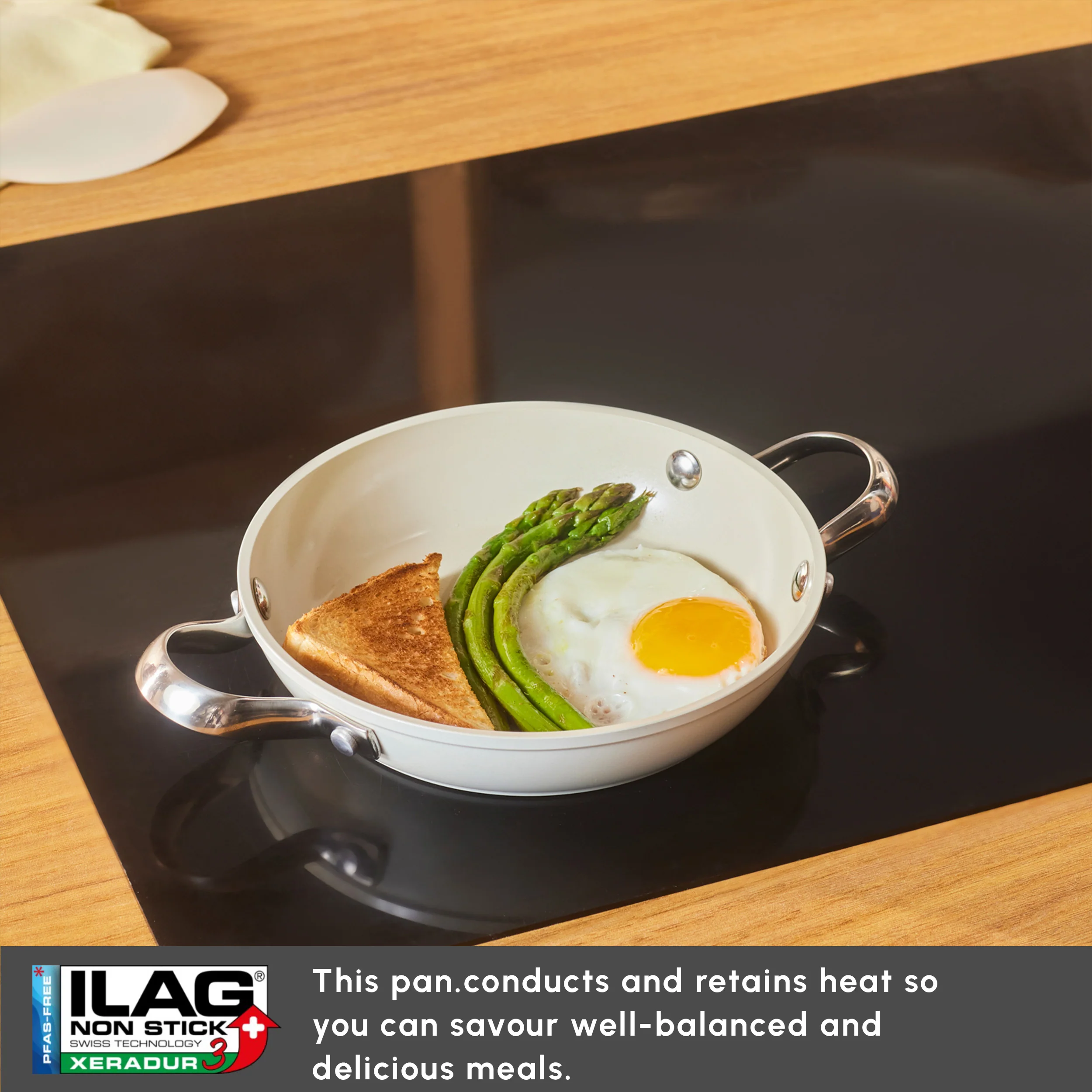 Karaca Swiss Crystal Almond Cream Non-Stick Induction Stainless Steel Handle Shallow Pan, 18cm, Cream - Image 7