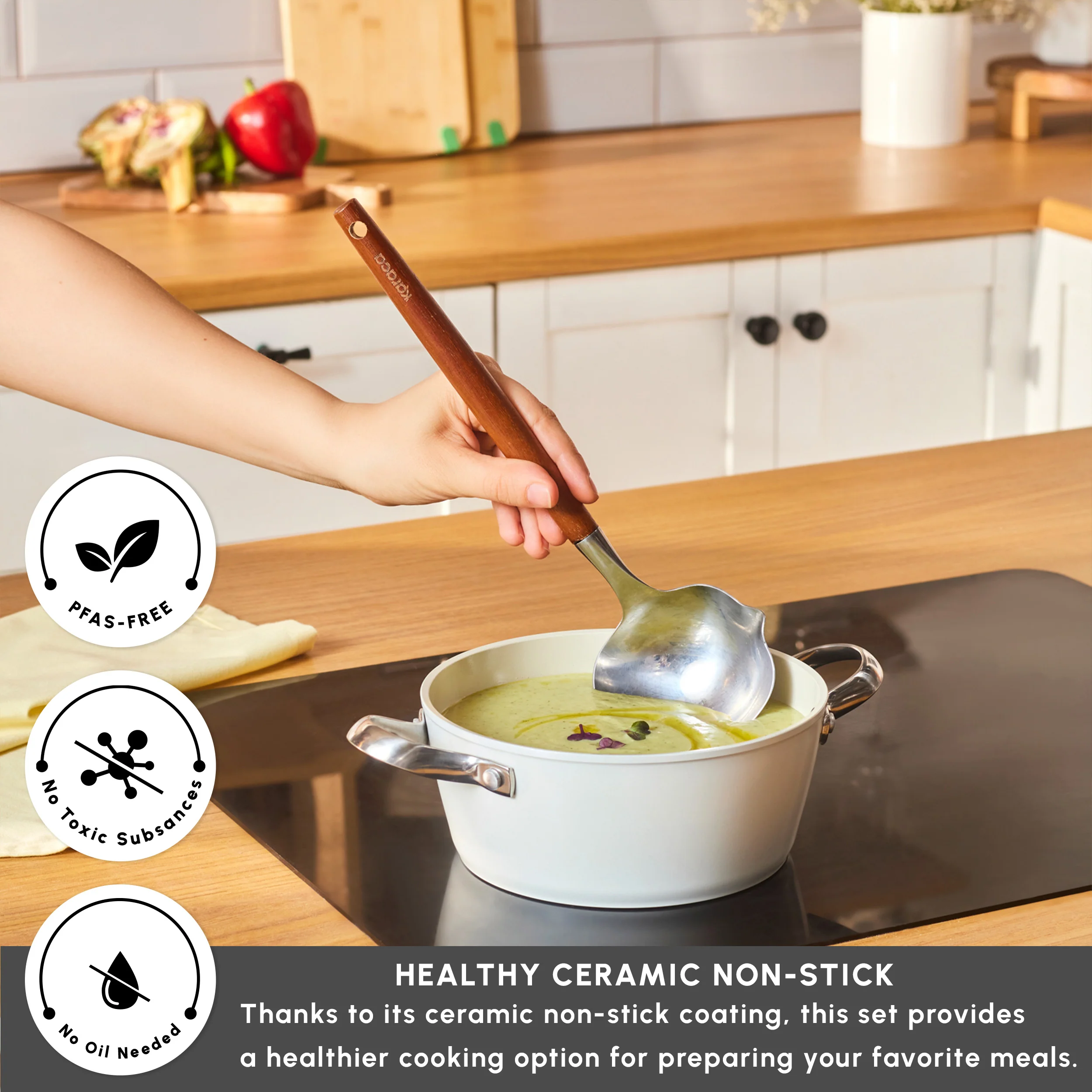 Karaca Swiss Crystal Almond Cream Non-Stick Induction Stainless Steel Handle Casserole & Lid, 20cm, Cream - Image 3