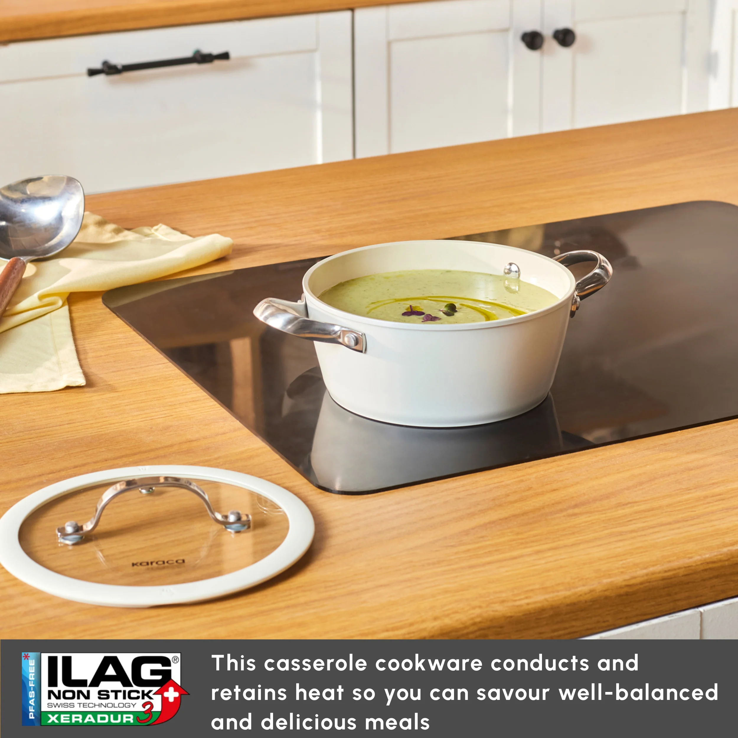 Karaca Swiss Crystal Almond Cream Non-Stick Induction Stainless Steel Handle Casserole & Lid, 20cm, Cream - Image 7