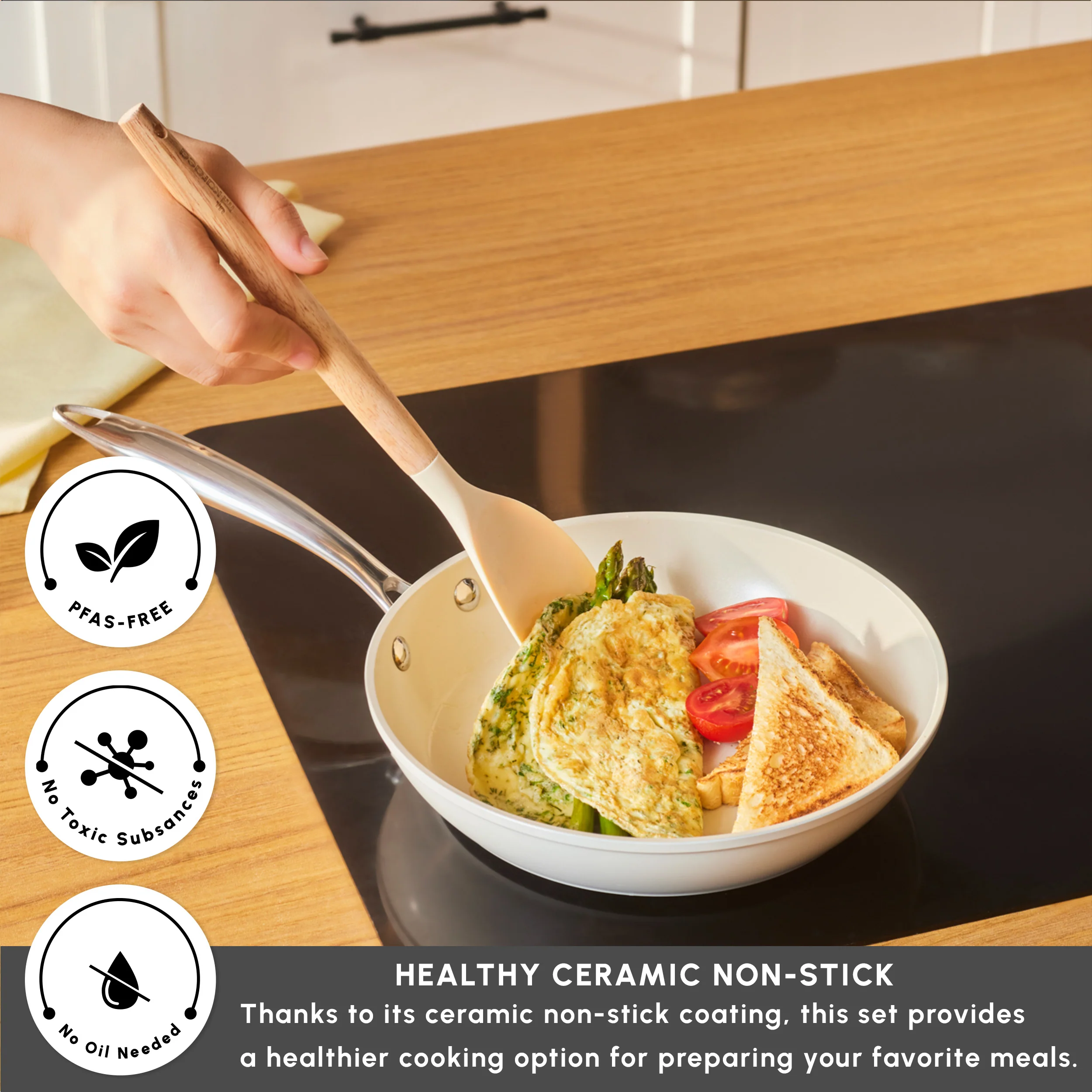 Karaca Swiss Crystal Almond Cream Non-Stick Induction Stainless Steel Handle Pan, 22cm, Cream - Image 3